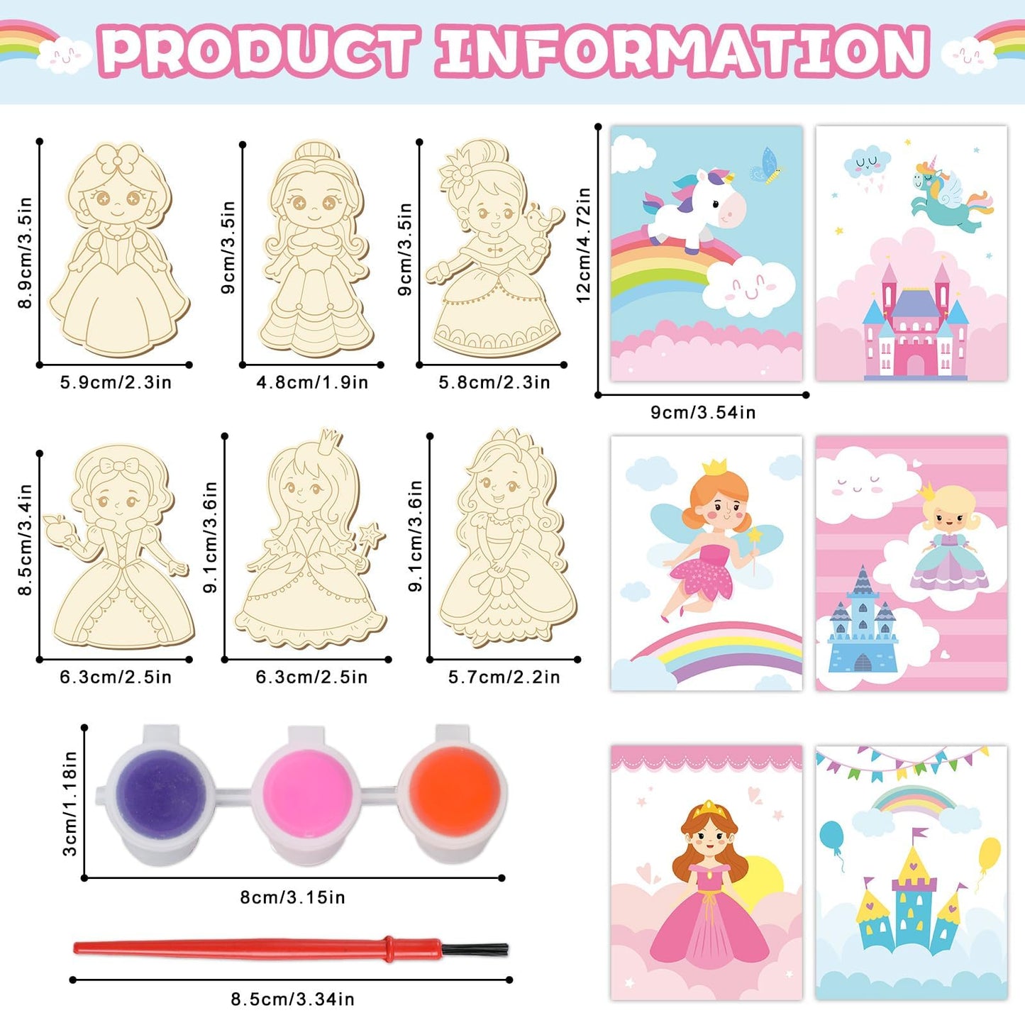 24Pcs Princess Party Favors Birthday Supplies Decorations-Cards with Art Crafts Castle Fairies DIY Wooden Painting Craft Kits Thank You for Coming Gifts Bulk Goodie Bags Stuffers Prizes for Kids Girls