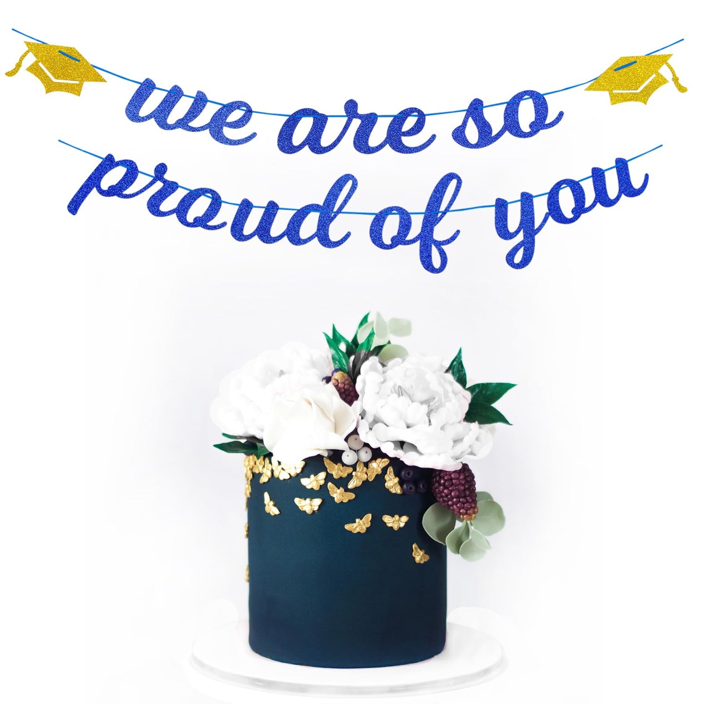 Navy-Blue White-Gold Party-Decoration Graduation Banner - 8pcs Kits Cap Garland Streamers, Paper Tissue Pom Poms Flowers,We are So Proud of You Grad Graduation 2026 Decor Lasting Surprise