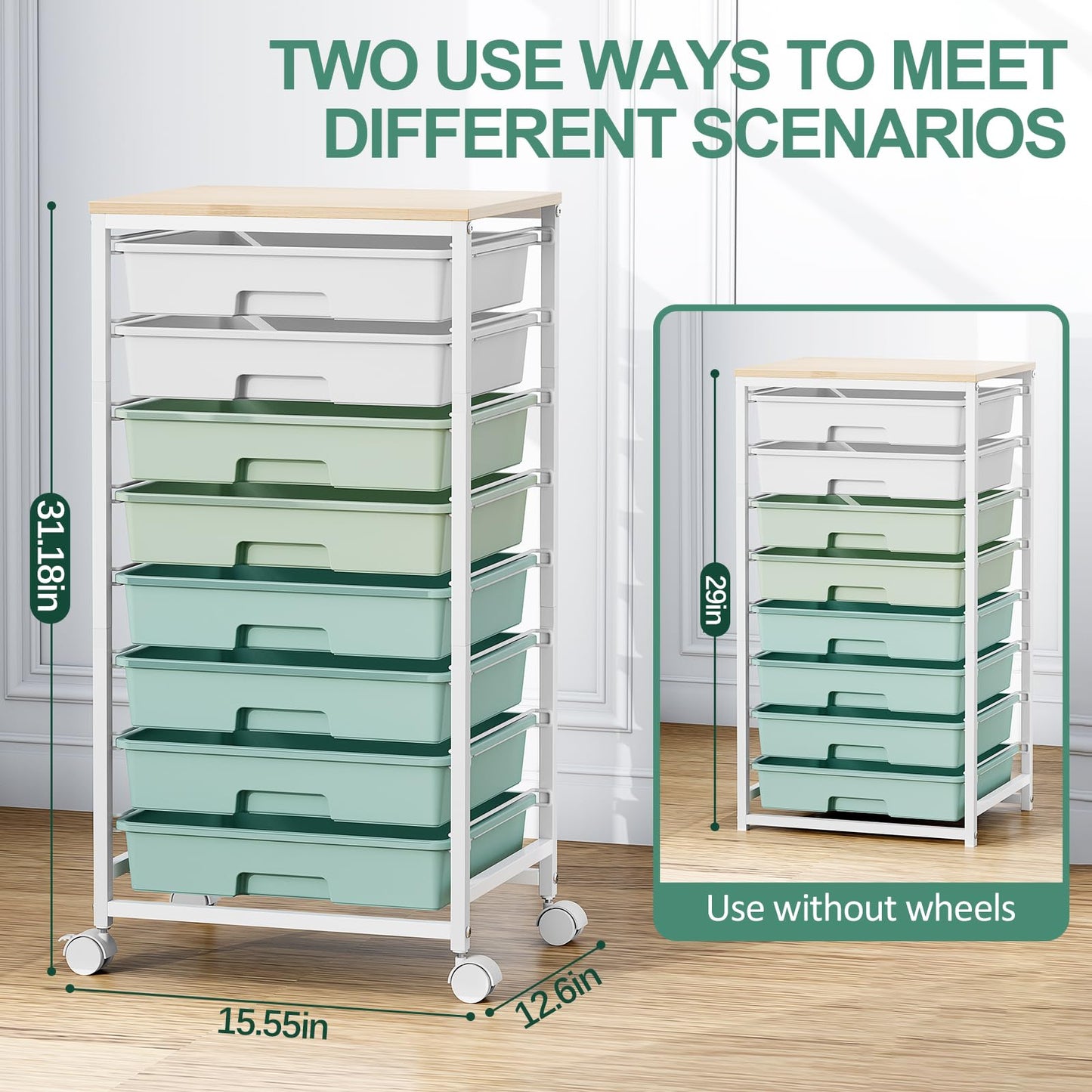 Storage Cart with 8 Drawers, Utility Cart with White Drawers and Wooden Tabletop, Craft Cart, Teacher Organization for Classroom, Storage Furniture, Office Organization, Green