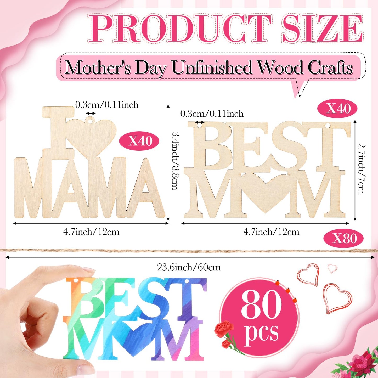 Gerrii 80 Pcs 4.7 Inch Mother's Day Unfinished Wood Crafts for Kids Painting DIY Best Mom Cutouts to Paint Hanging Wooden Letters Ornaments for Mother's Day Gifts Bulk Birthday Party Decorations