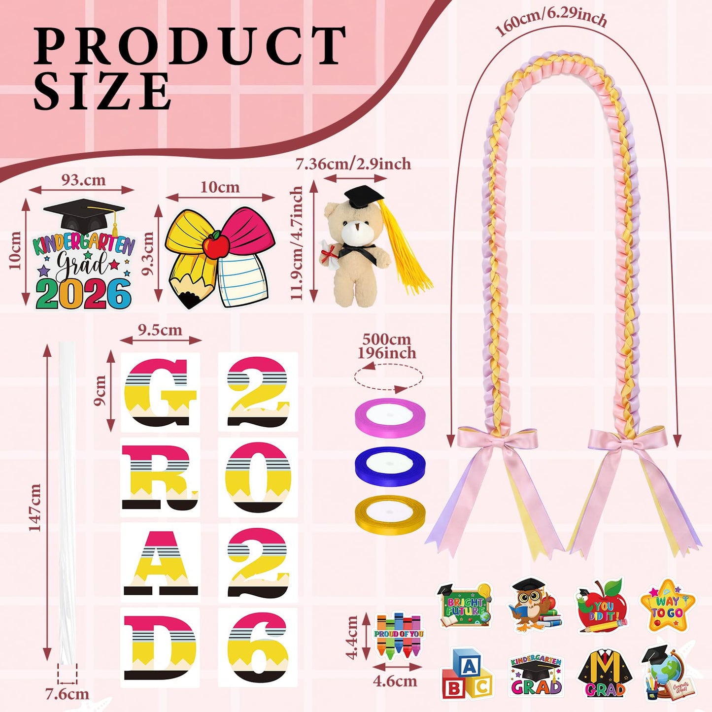 Craftsatin 28 Pcs Ribbon Kindergarten Graduation Candy Lei Making Kit, Class of 2026 Tubing Include 12 Candy Lei Bag 3 Rolls Ribbon 11 Cards and Bear Keychain for Preschool Grad Party Gift DIY Wreath