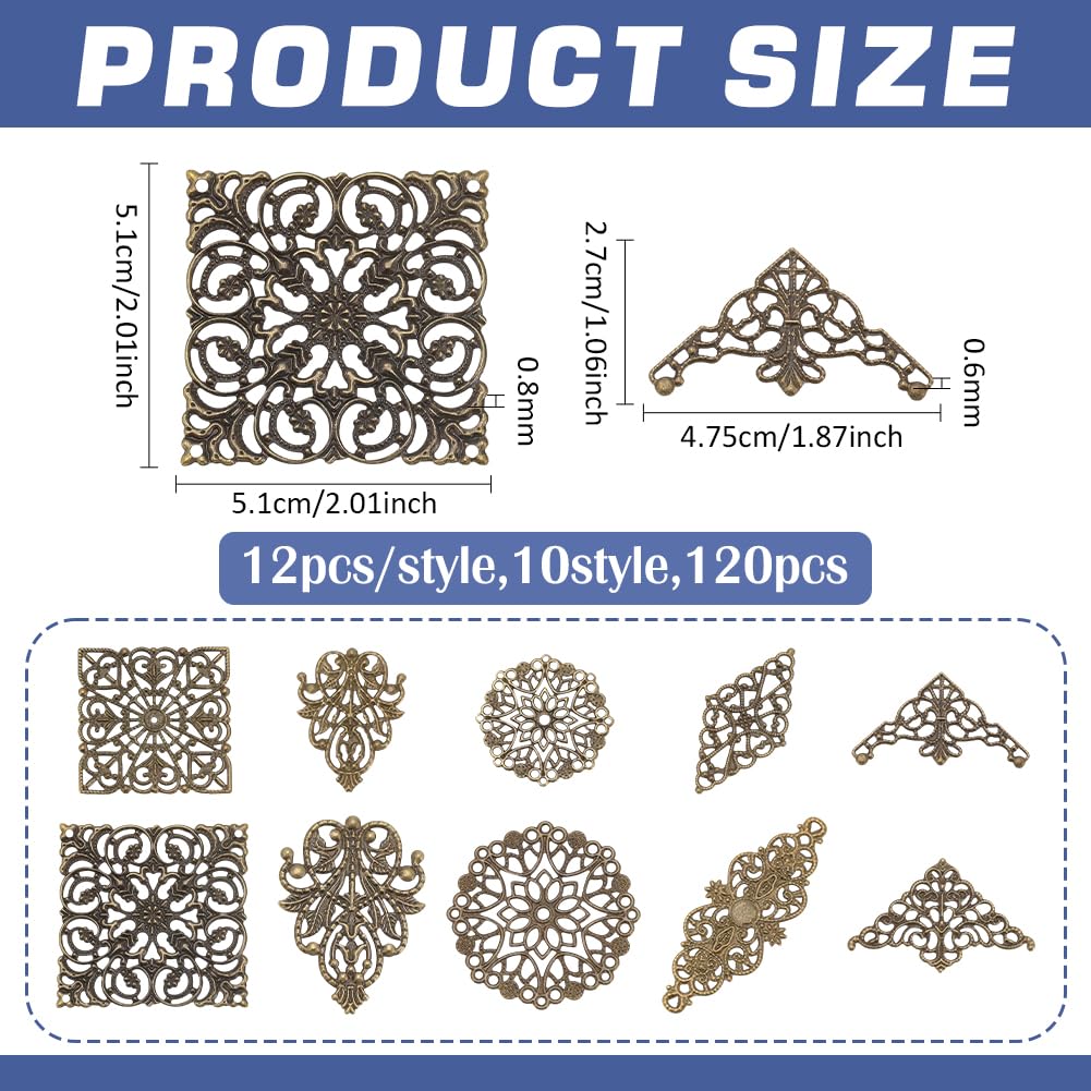 PH PandaHall 120pcs 10 Styles Filigree Connectors Charms Book Corners Iron Filigree Connector Charms Antique Bronze Metal Embellishments for Scrapbooking Album Book Corners Jewelry Making Craft Decor