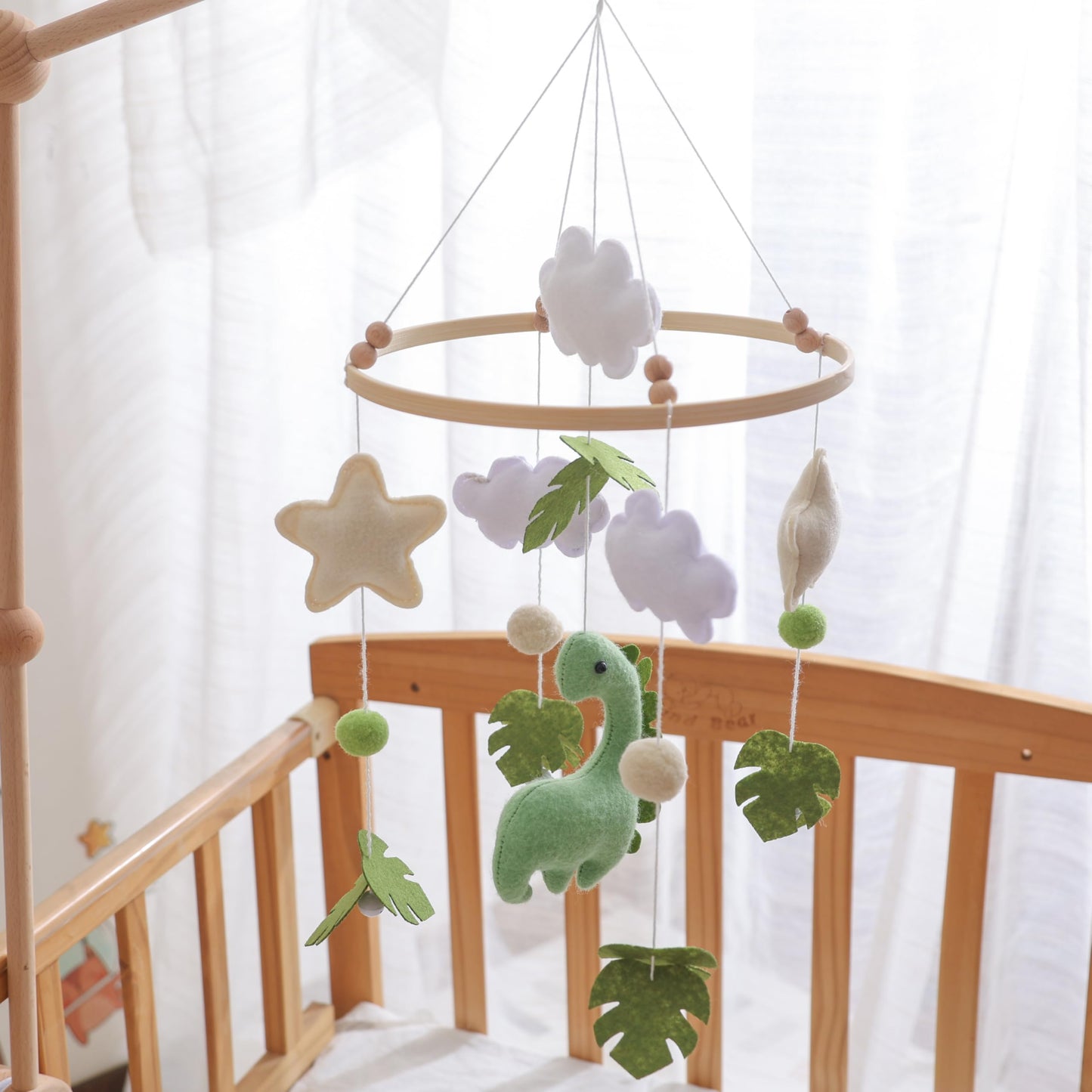 Mobile for Crib – Handmade Dinosaur Jungle Baby Mobile with Leaves & Stars, Baby Mobile for Crib Felt Hanging Toy Nursery Mobiles with Beech Wood Ring, Bassinet Mobile Dino Nursery Decor