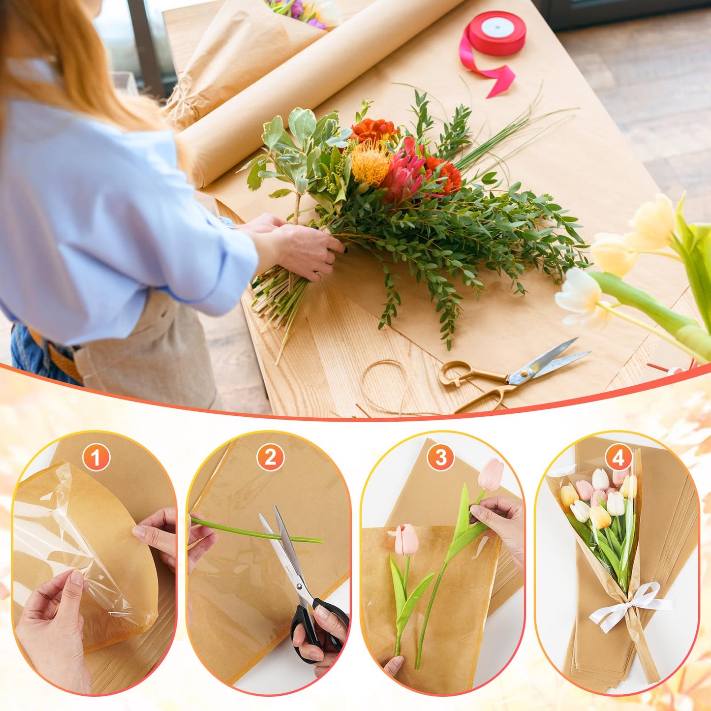 50 PCS Flower Wrapping Paper Sleeves for Bouquets, Kraft Bouquet Bags with Ribbons, Bulk Flower Sleeves for Mother’s Day Wedding Graduation Valentine, Florist Packaging Supplies, 17.7 x 9.4 x 3.5 Inches