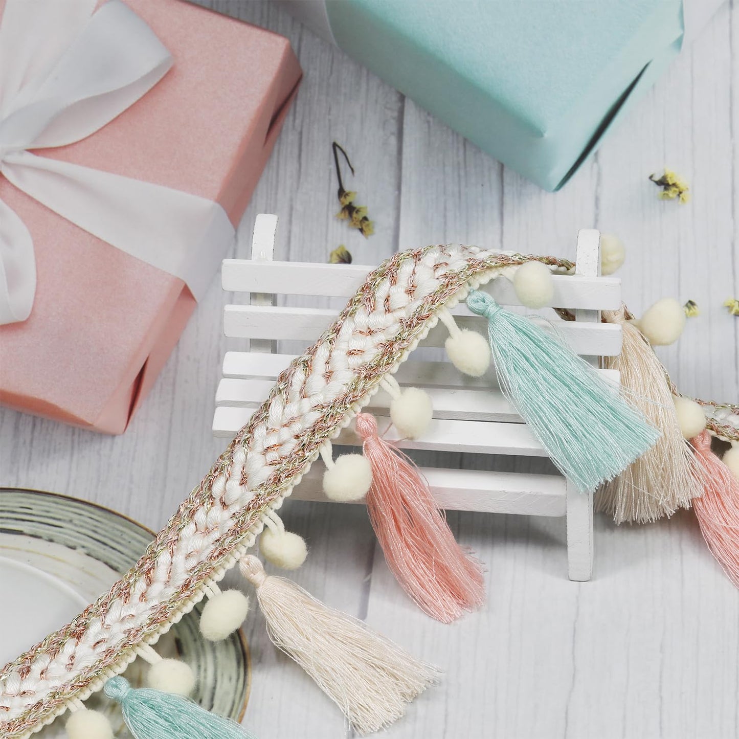 3 Yard 85mm/3.35 Inch Vintage Knotted Cotton Fringe Tassels Trim, Boho Long Trim, Sewing for Drapery Curtain Pillow Carpet Lamp Fringe Crafts (Light Green/Beige/Pink)