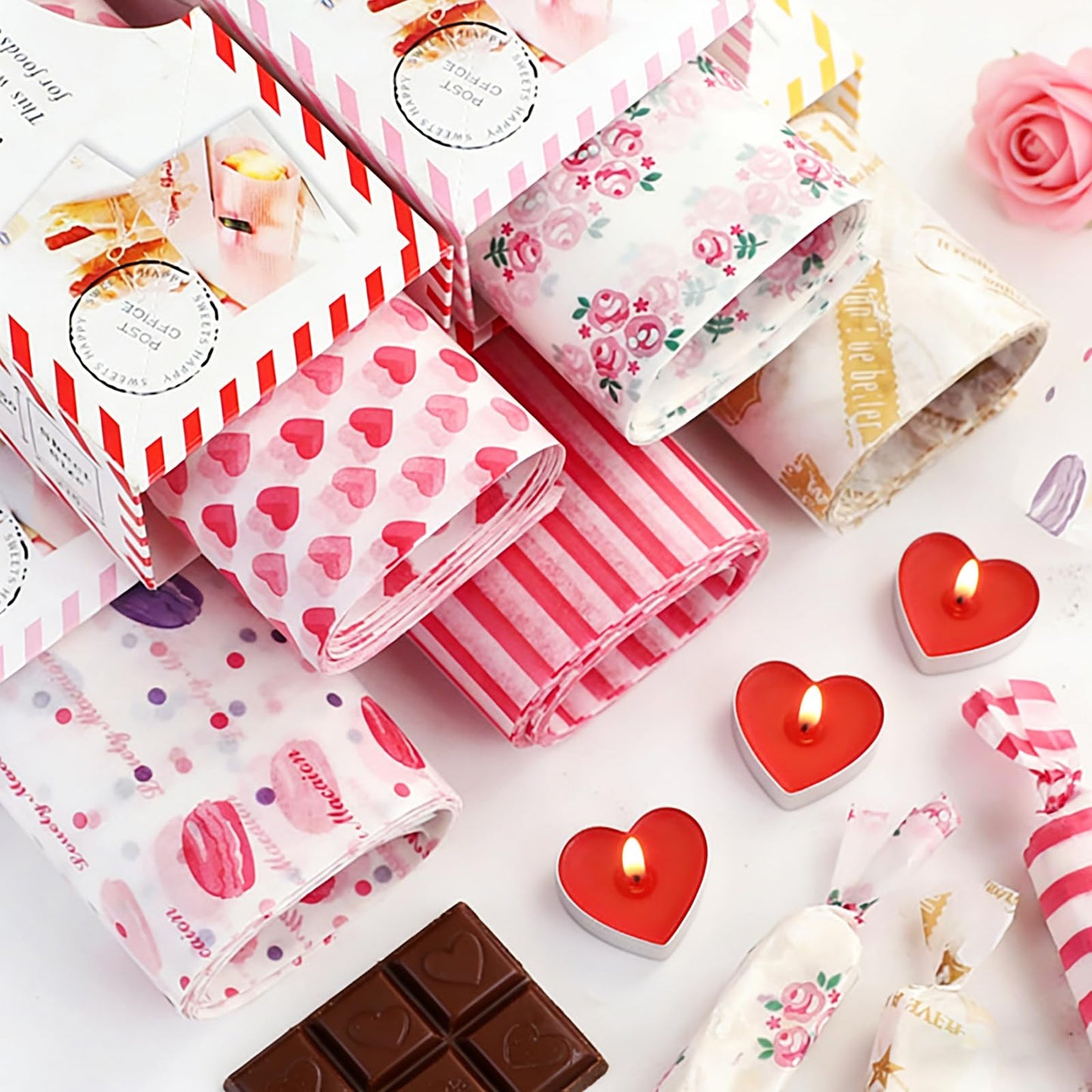Sunch Craft 100 Sheets Wax Paper Sheets Heart & Rose Pattern Greaseproof Basket Liners Wrap Paper Sandwich Burger Chips Cookies Deli Paper Food Grade Baking Parchment 8.5 x 9.8 in