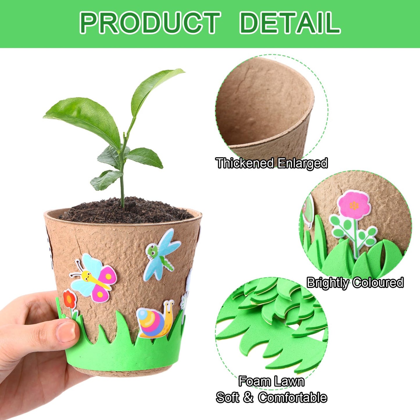 Sunnychicc 72 Pcs 4 Inch Garden Paper Pot Craft Kit Spring Crafts Bulk Including Round Paper Mache Pots Adhesive Foam Sticker EVA Grass Sticker Mother's Day DIY Planting Growing Garden Kit