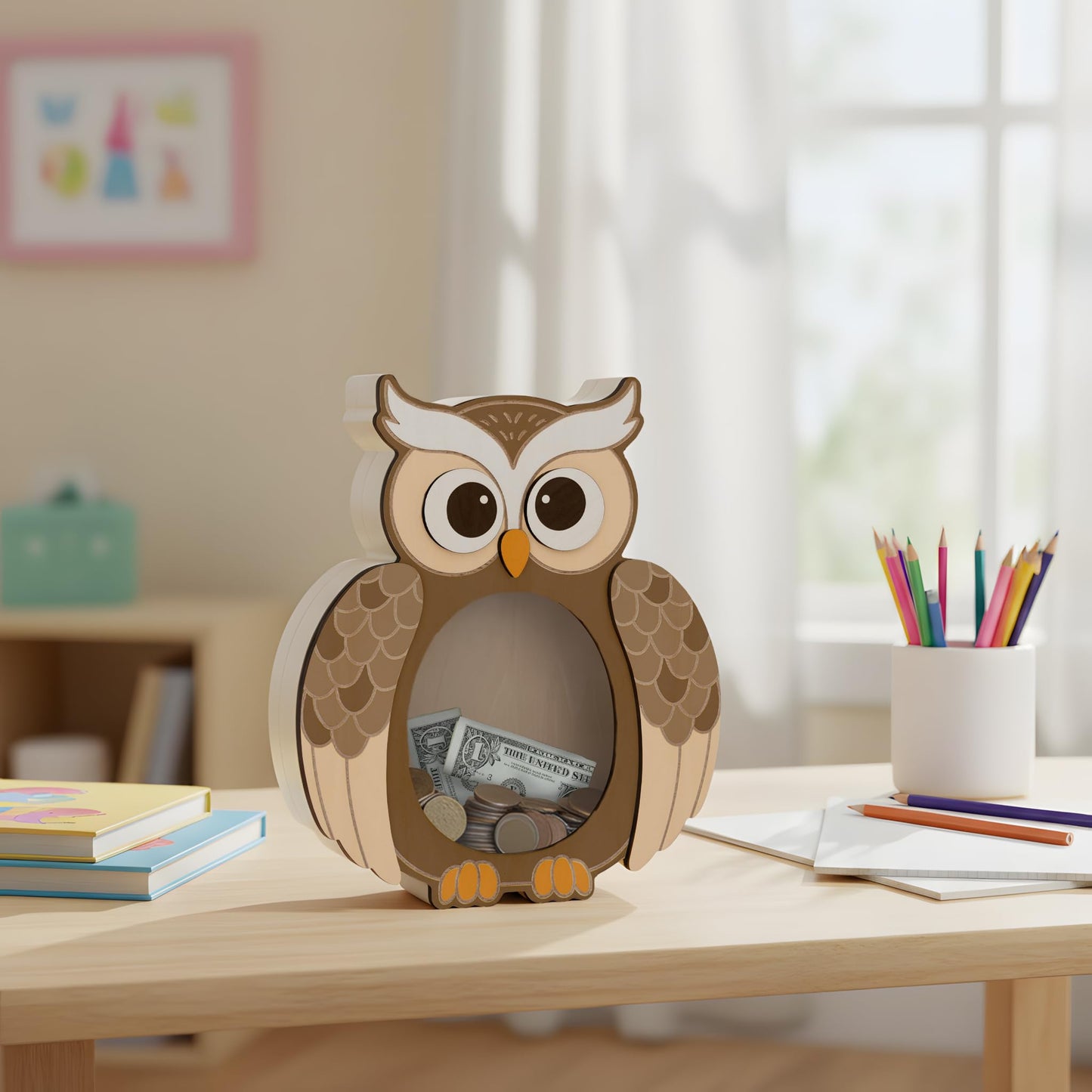 Owl Piggy Bank for Kids, Paint Your Own DIY Owl Bank with Clear Window, Wooden Savings Box for Coins and Bills, Room Decor Gift