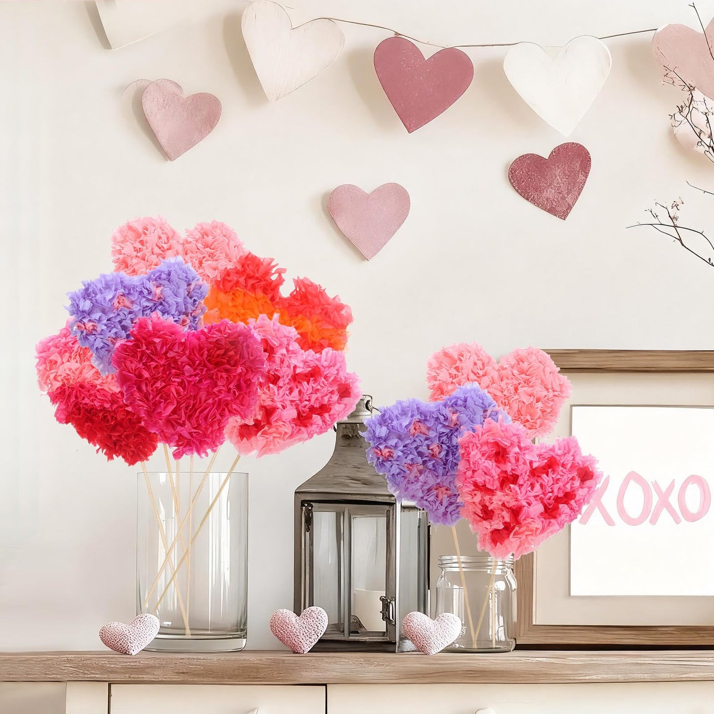 Glenmal 9097 Pcs/24 Set Valentine's Day Craft Kit Heart Shape Poke Art Flower Bouquet Kits with 9000 Tissue Paper Squares 48 Heart Paper Cut for Adults Valentine's Day Activities DIY Craft Supplies