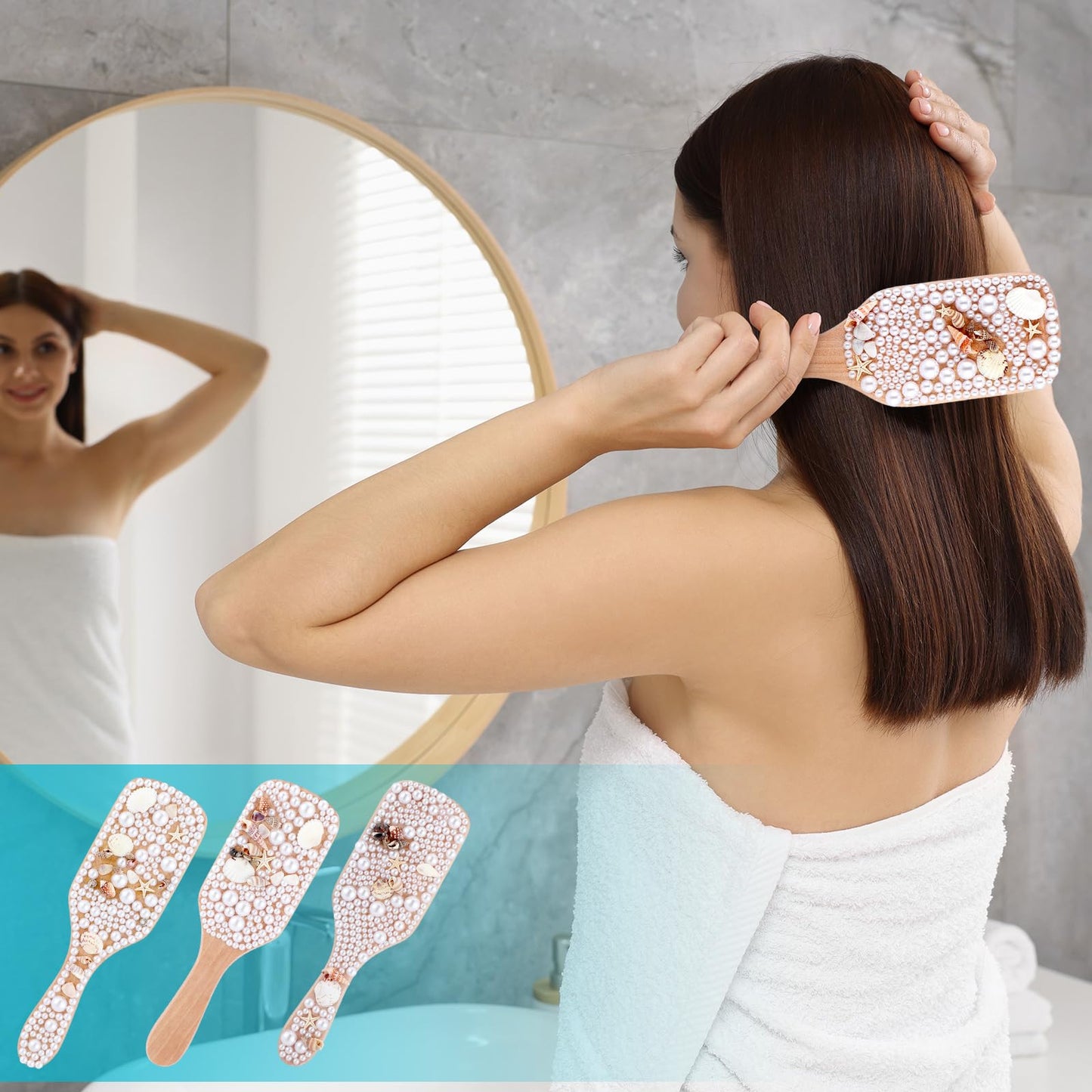 Potchen 6 Set Mermaid Hairbrush Kit DIY Creative Seashell Hairbrush with Mix Flatback Rhinestones Half Pearls Small Scallop Shell Decorate Your Own Hair Brush for Girls Women Bride Mermaid Party Favor