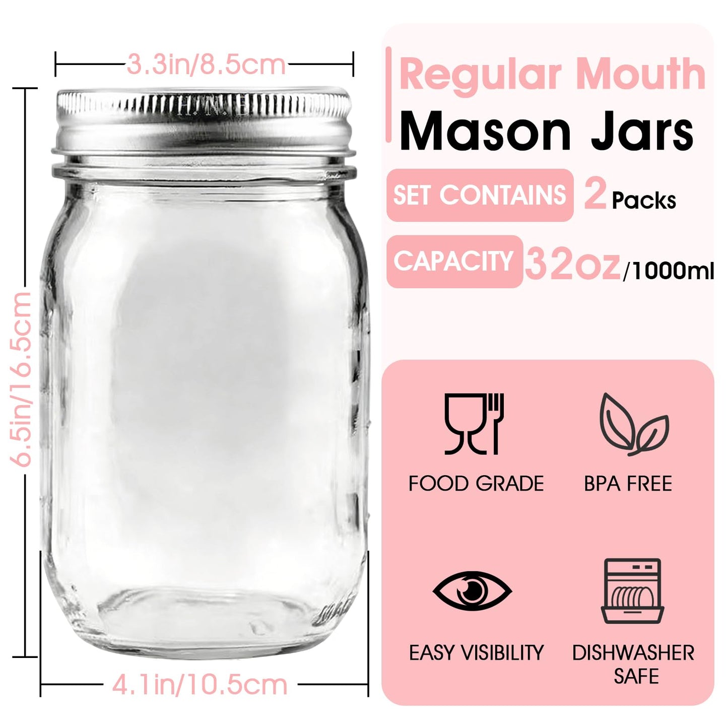 32oz Regular Mouth Mason Jars 2-Pack with Airtight Lids, Glass Canning Jars for Meal Prep, Overnight Oats, Jam & Food Storage, BPA-Free Clear Glass Jars for Canning, Fermenting & DIY Crafts