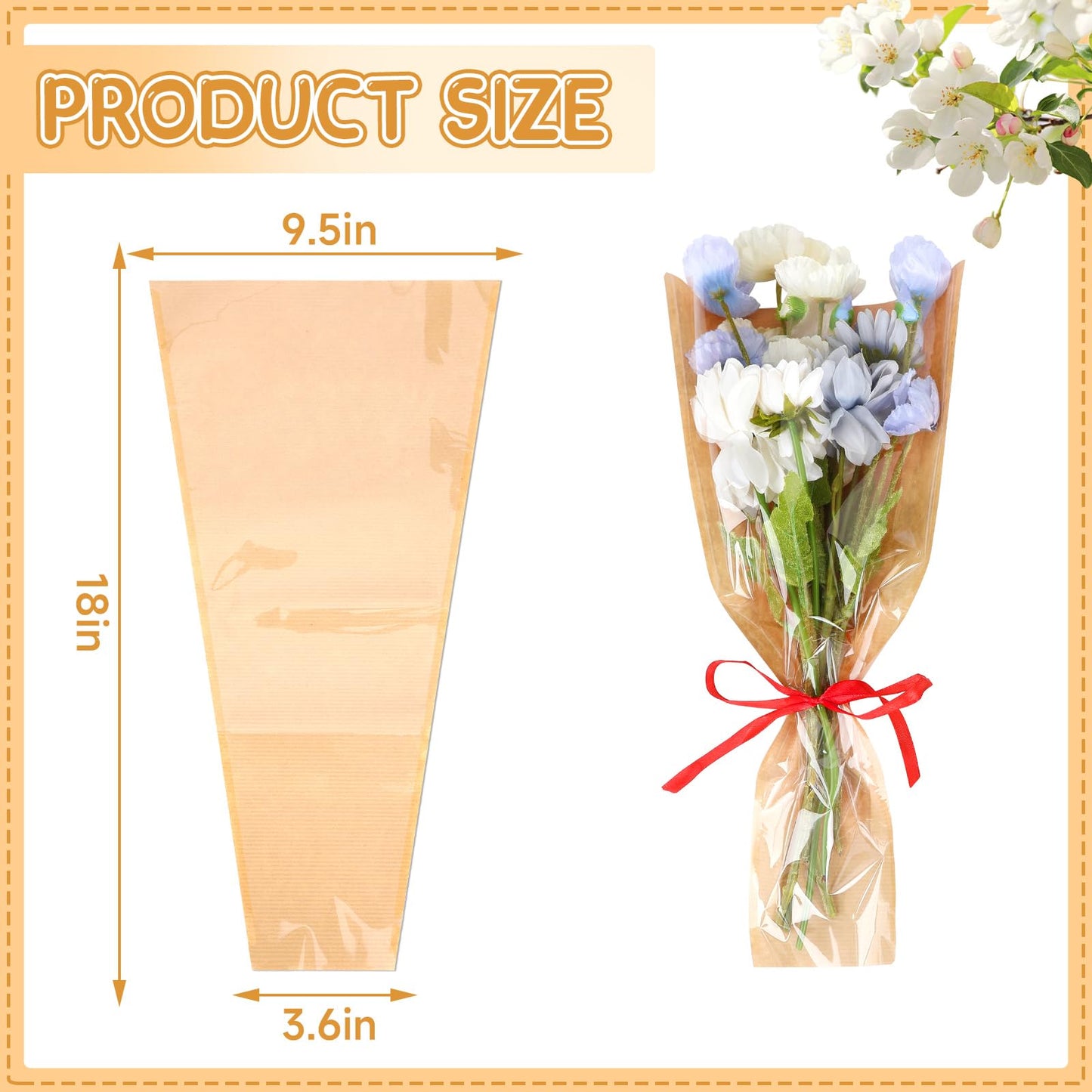 Jansun 100Pcs Flower Wrapping Bags Kraft Paper Flower Sleeves for Bouquets Flower Bags for Birthday Wedding Graduation Gift, Florist Wrap Supplies 9.8x17.9 Inch