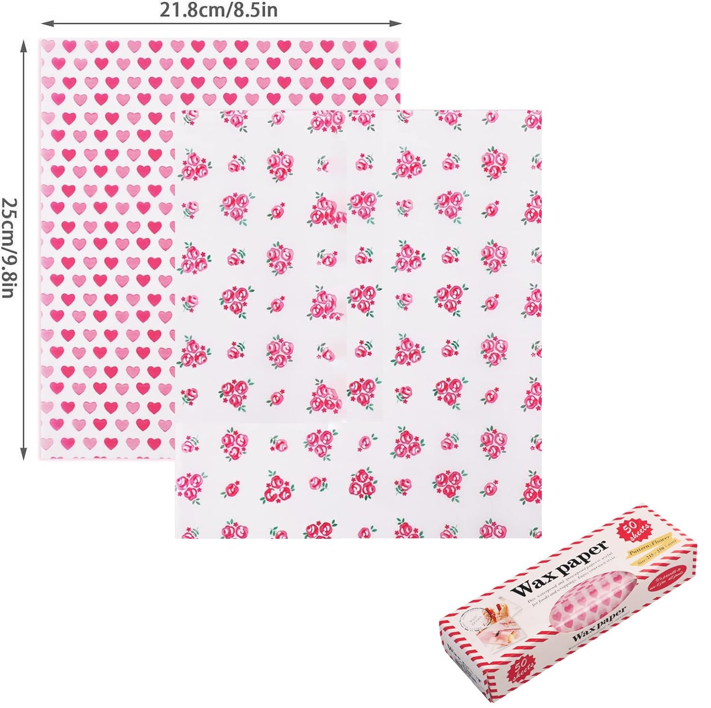 Sunch Craft 100 Sheets Wax Paper Sheets Heart & Rose Pattern Greaseproof Basket Liners Wrap Paper Sandwich Burger Chips Cookies Deli Paper Food Grade Baking Parchment 8.5 x 9.8 in