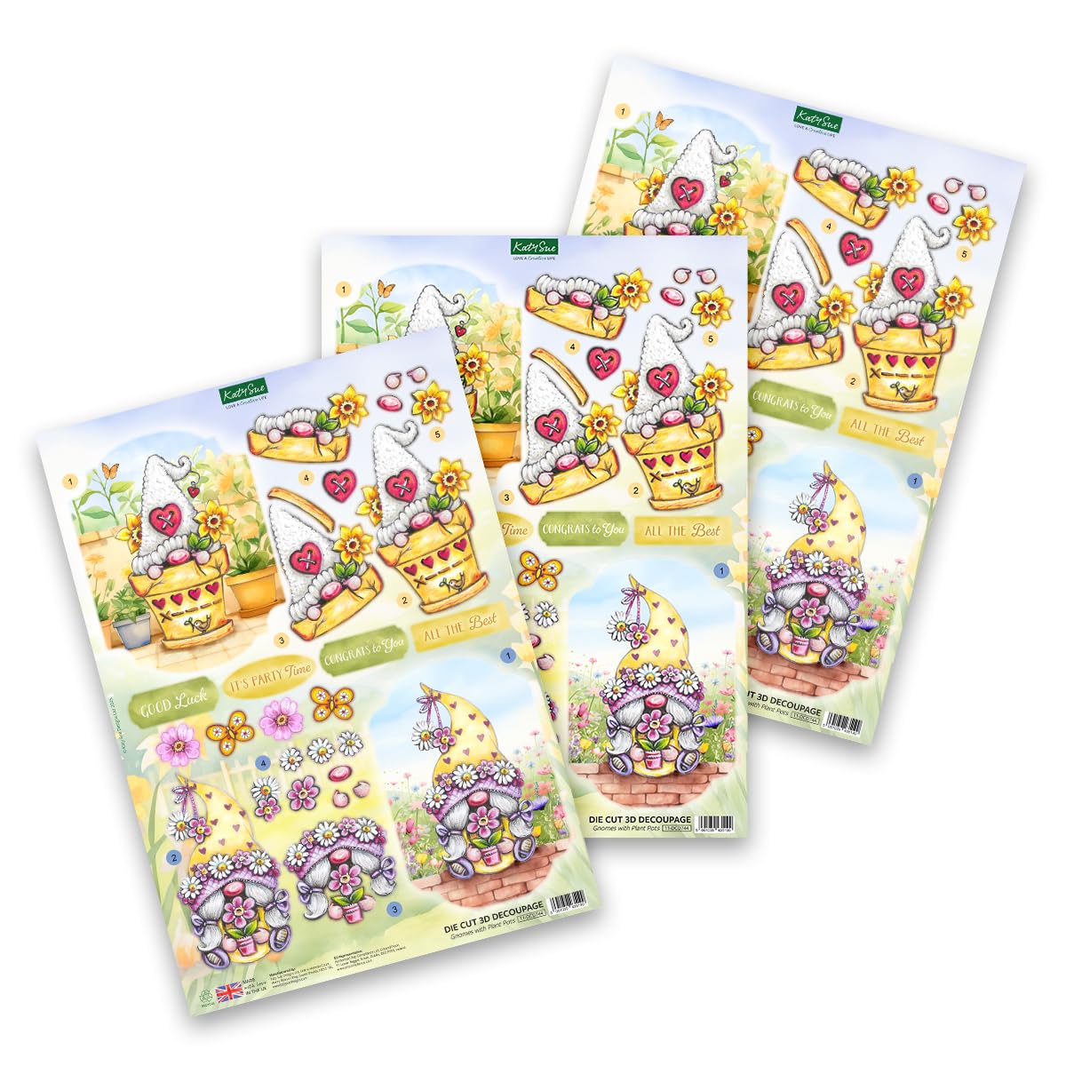 Katy Sue Garden Gnomes Die-Cut Decoupage Pack. 12 Sheets of Gnome, Gonk & Garden-Themed Die Cuts for Card Making Supplies with Sentiments & Card Toppers on 150 GSM Paper. UK-Made.