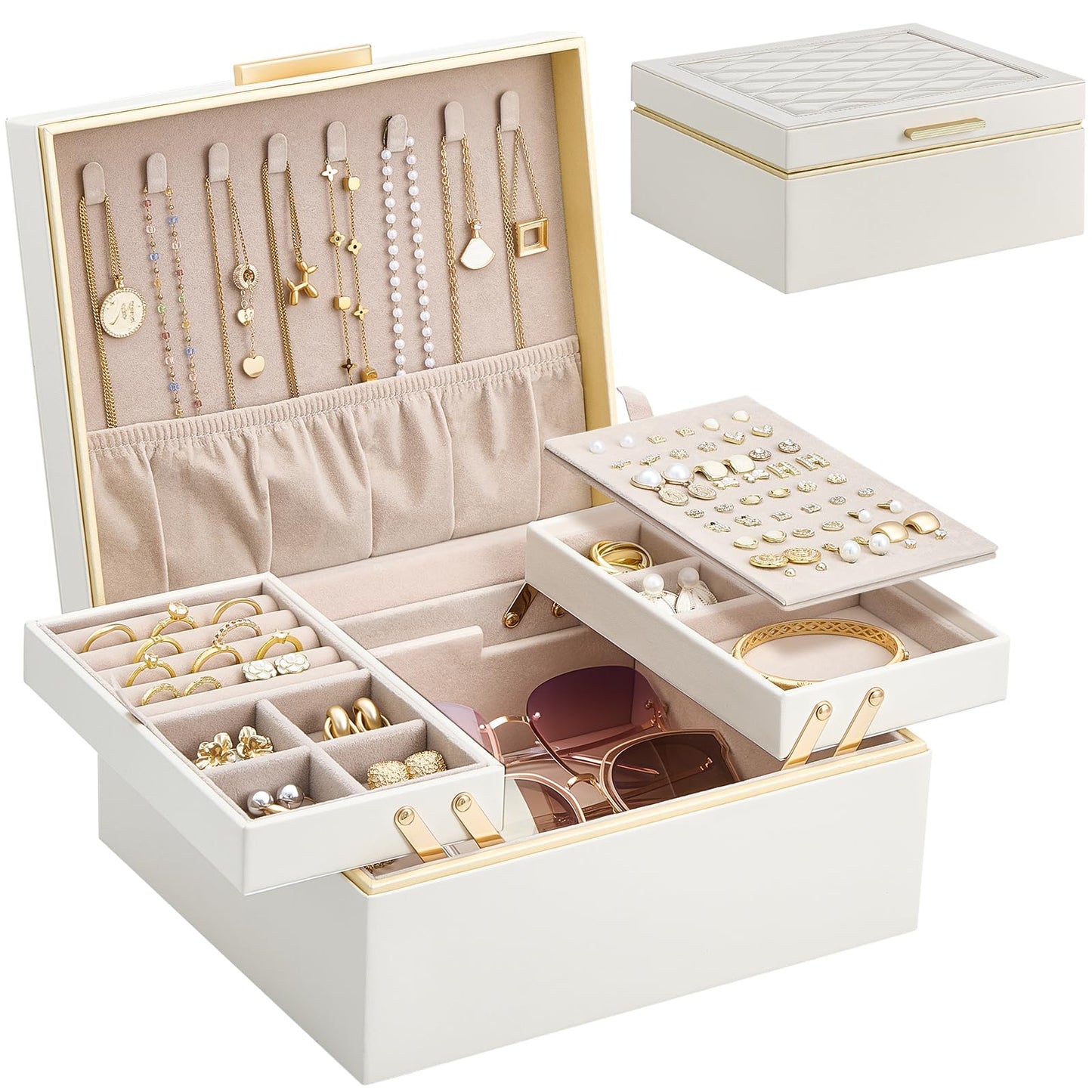 Lolalet Jewelry Box Organizer for Women Girls, 2 Layer Jewelry Organizers and Storage for Necklace Earrings Rings Bracelets, Large Jewellery Holder Case Birthday Gifts -Cream