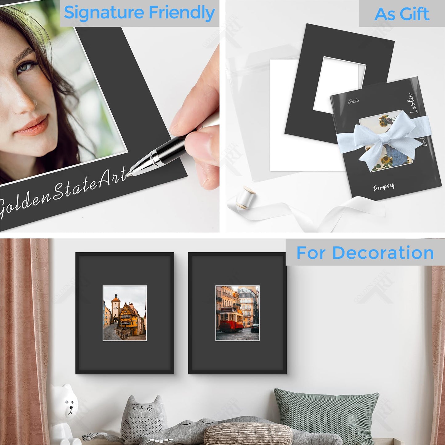 Golden State Art, Acid Free, Pack of 5, 16x20 Black Picture Mats Mattes with White Core Bevel Cut for 8x10 Photo + Backing + Bags