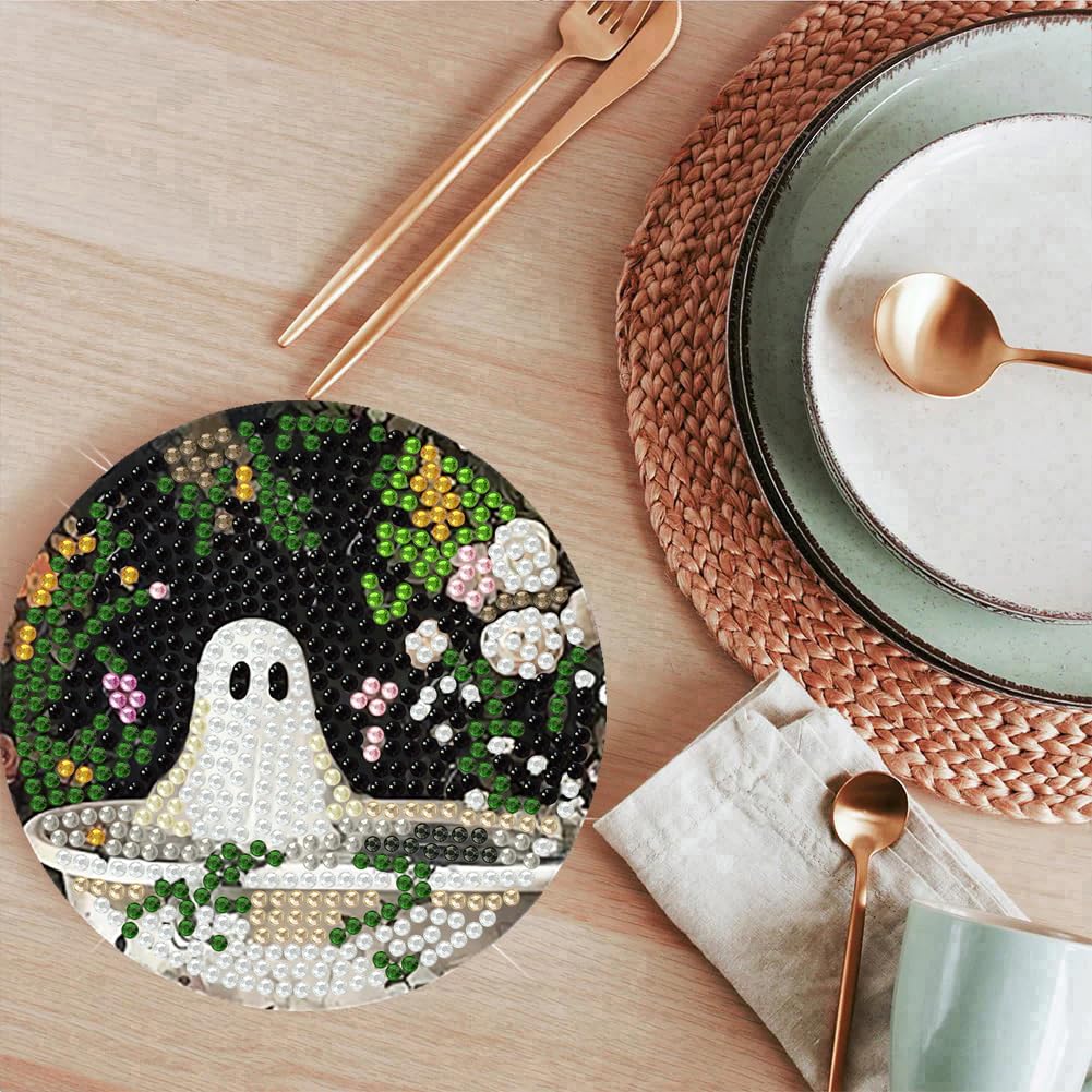 8 Pack Halloween Diamond Art Coasters Kits, Halloween Diamond Painting Coasters Kit with Holder, DIY Ghost Diamonds Art Non Slip Coaster Crafts Kits for Adults Gifts 4x4 inch (Cork Wooden Pad)