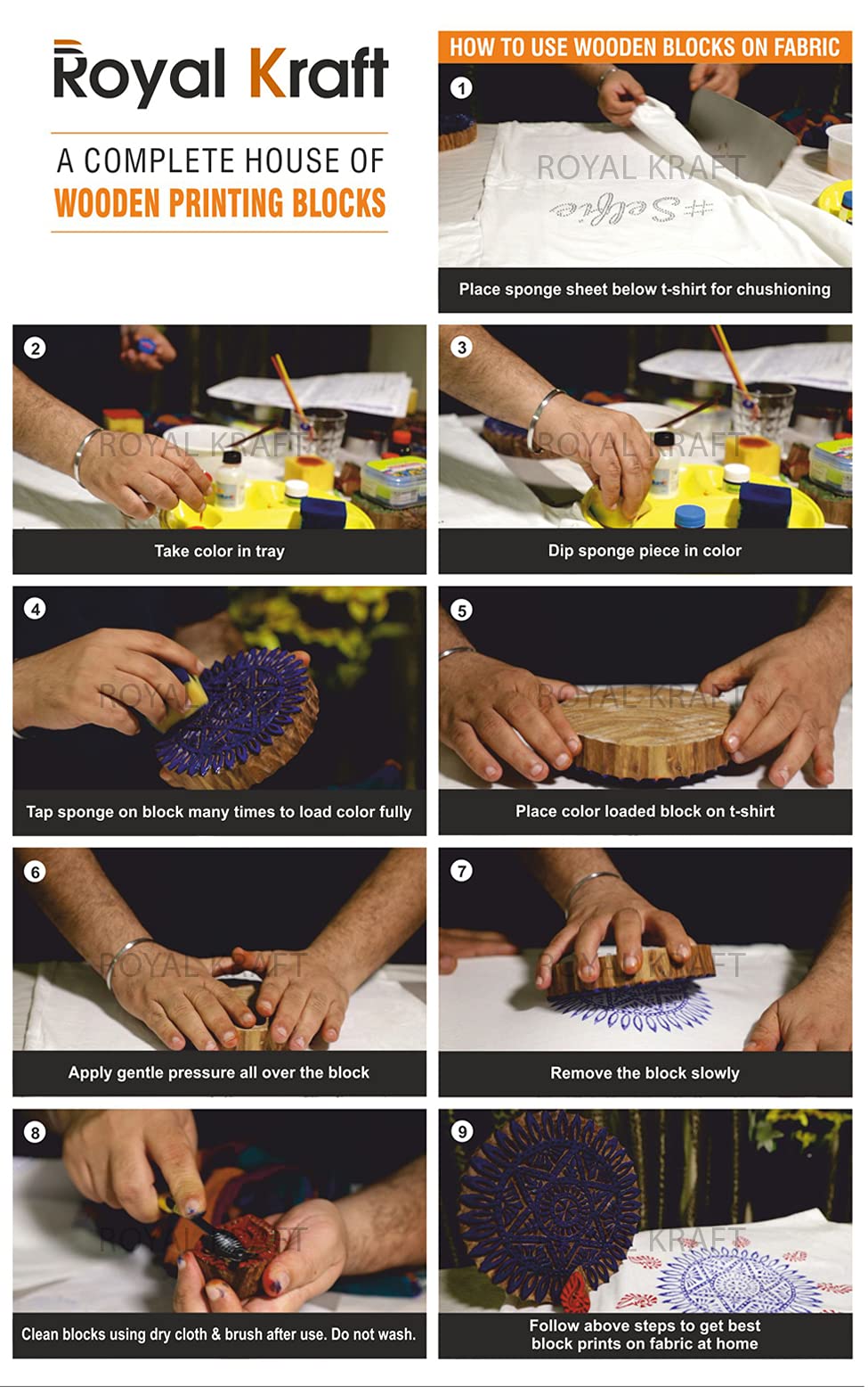 Royal Kraft Wooden Stamps for Block Printing on Saree Border, Textile, Clay, Pottery, Tattoo (Set of 10) MXtag0008