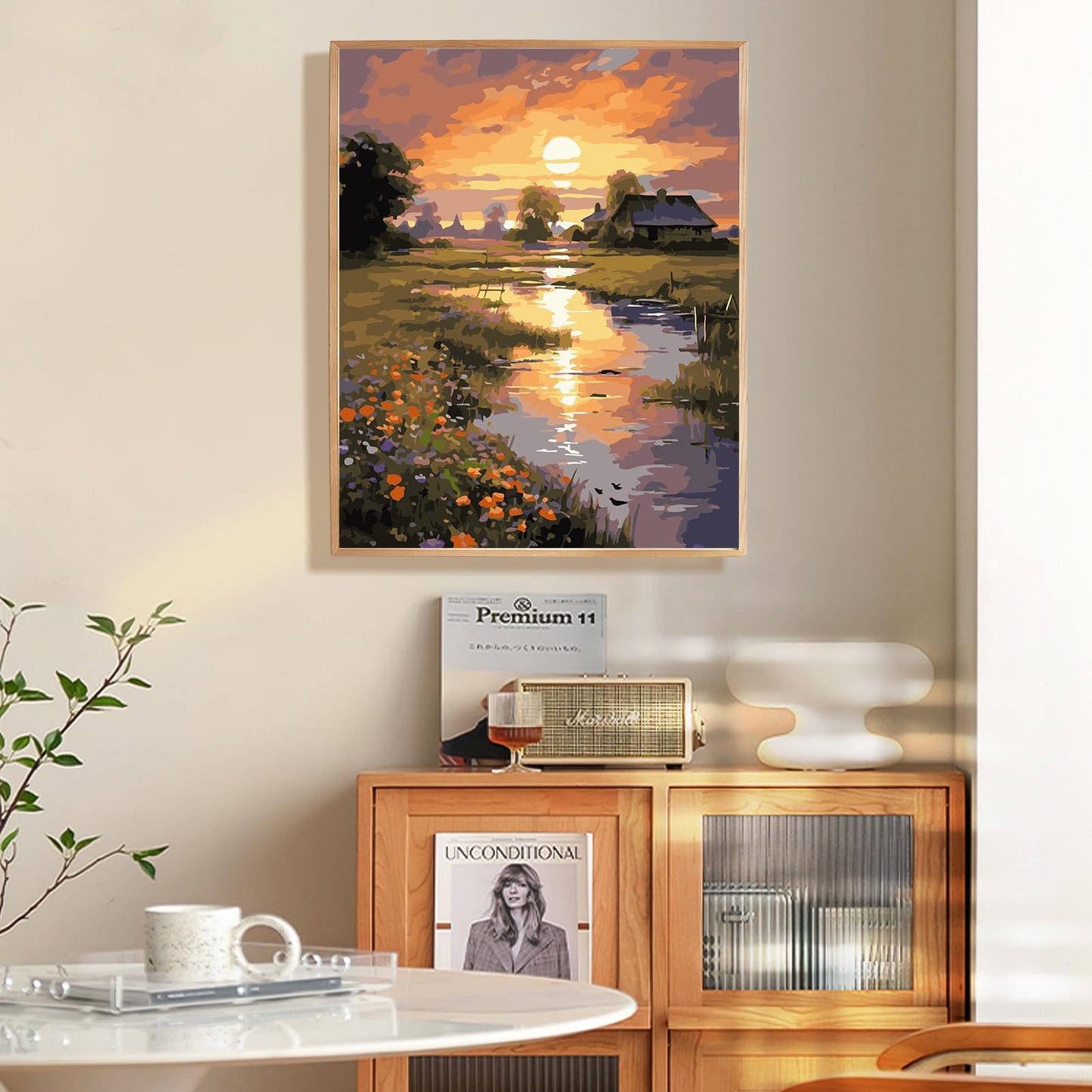 Fountor Framed Paint by Numbers Kit for Adults Beginner, Countryside Sunset Adult Paint by Number Kits on Canvas, Riverside Cabin Oil Painting by Numbers for Home Decor Gift 16” W x 20”L