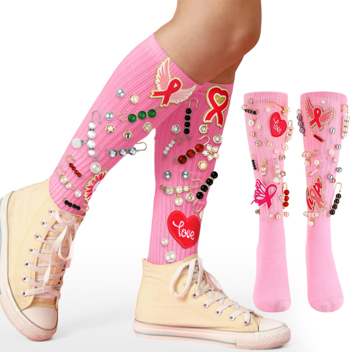 43 Pcs DIY Breast Cancer Socks Charms 2026 Pink Out Day Safety Pin Brooch DIY Kit Pink Ribbon Sock Charms for Women Breast Cancer Awareness Accessories Shoes Pin Brooch for Fundraising Charity Event