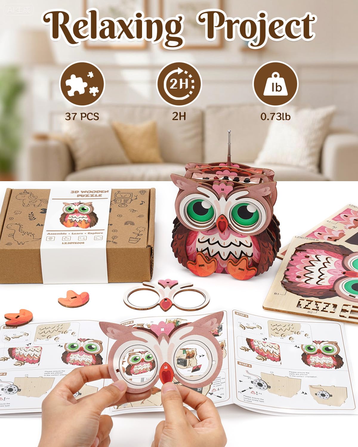 3D Wooden Puzzles for Adults, Big-Eyed Adorable Owl Bluetooth Speaker Model Kit, 3D Puzzles for Adults Room Home Decor DIY Craft Kit, Holiday Birthday Christmas Day Gifts for Men Women Teens