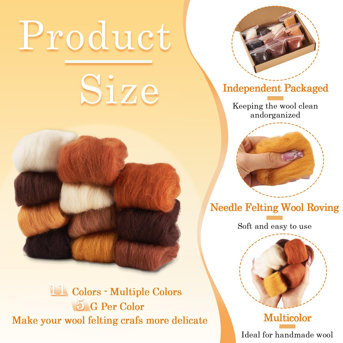 FASHEWELRY 1.94 OZ Fibre Wool Yarn Roving Brown Theme Nature Needle Felting Wool Roving Handmade Spinning Felt Kit for Felted Animal Needle Felting Supplies