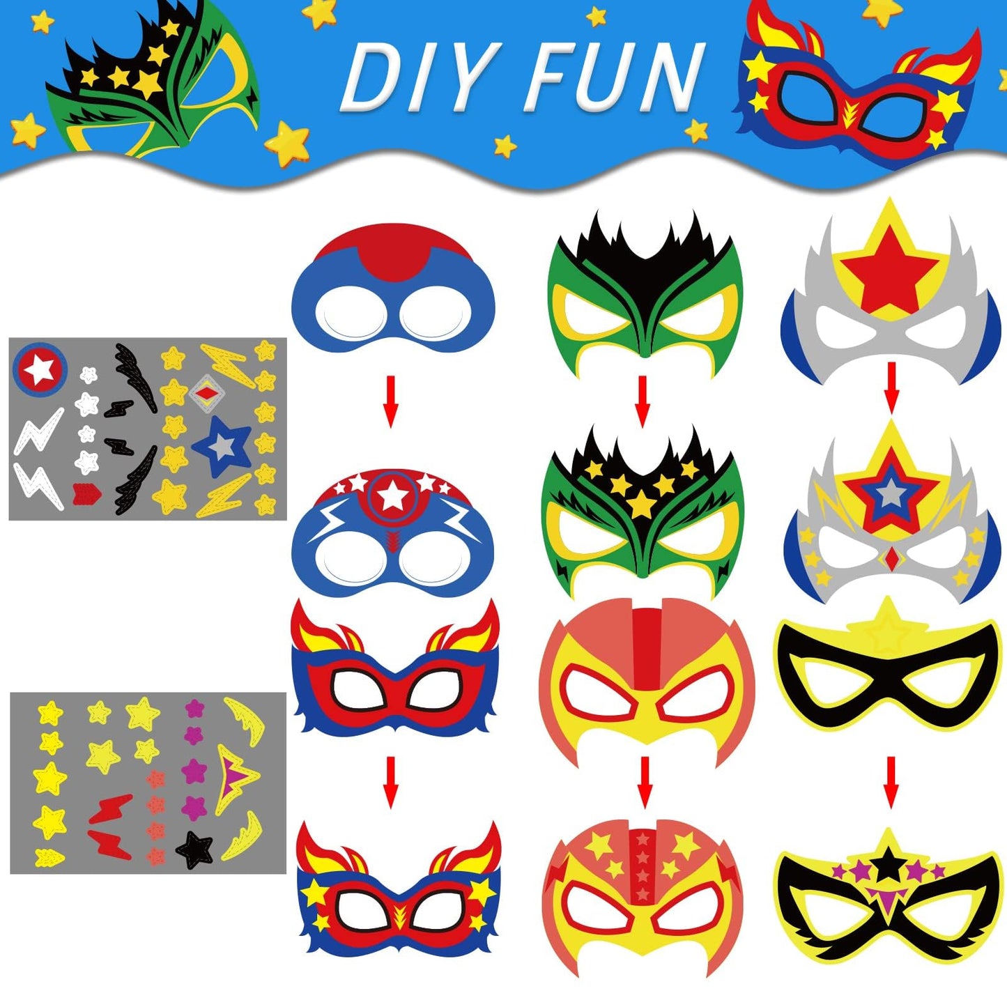 chiazllta 48 Packs Mask Your Own Super Theme Hero Masks Hero Craft Kits Kids DIY Paper Masks Art Craft Kid Gift Decor for Home Class Game Activities Father's Day Party Favors