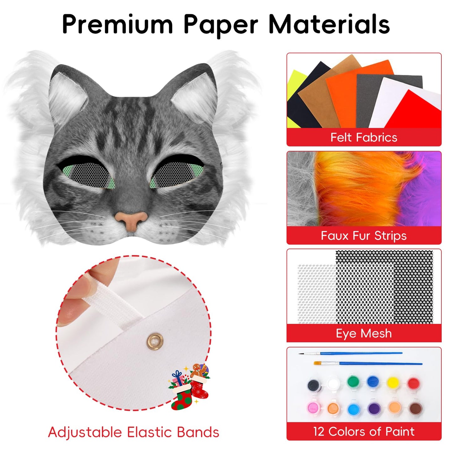 Blurap 124 PCS Therian Mask Kit Cat Masks to Dress Up DIY Therian Cat Mask Set with Fur Eye Mesh Stickers Furry Masks for Christmas Easter Crafts Masquerade Cosplay Party