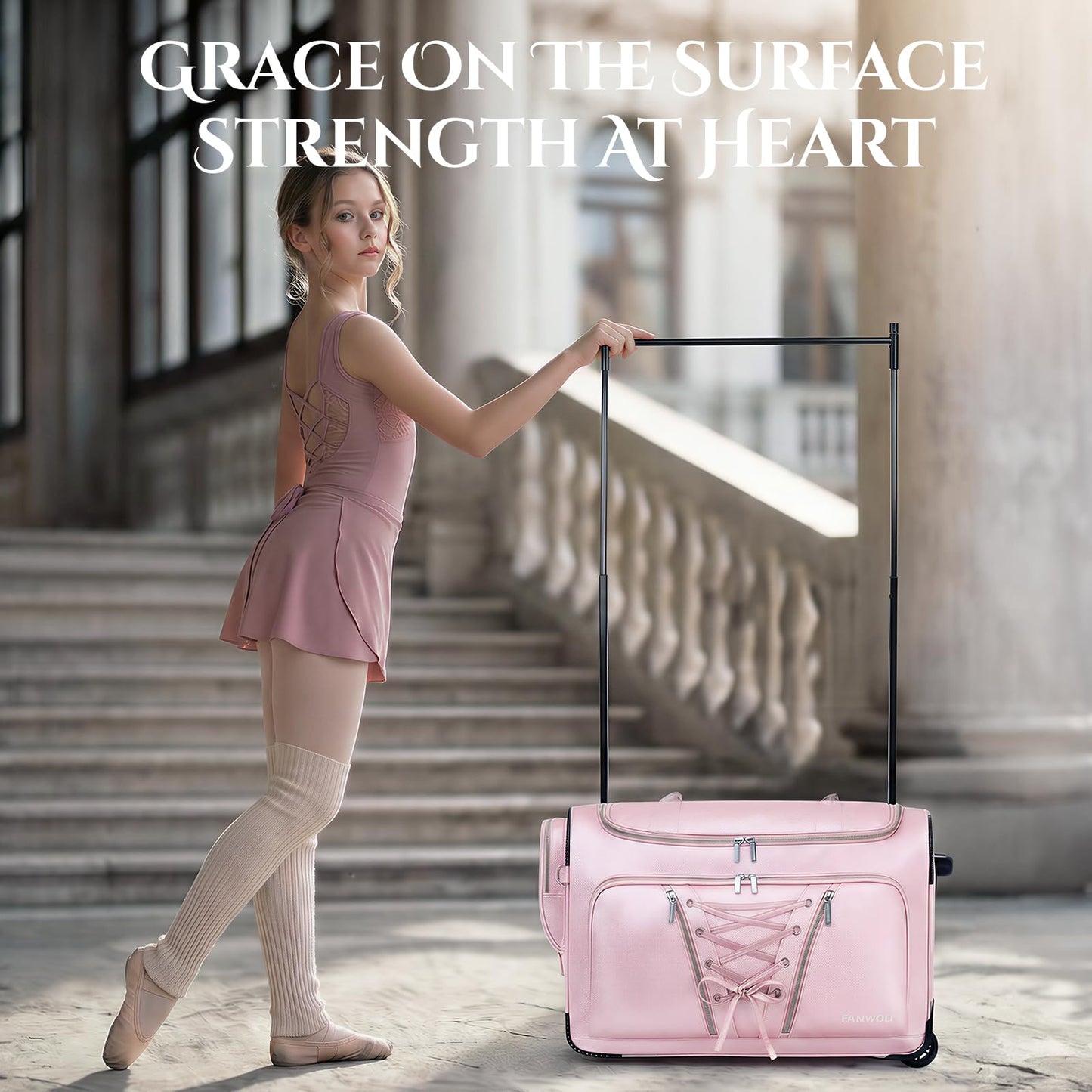 Fanwoli 23" Dance Bag with Garment Rack | Luminous Poise Collection | Waterproof Textured Shimmer | Competition Travel Duffel Luggage for Cheer, Skating, Gymnastics & Sleepover | Stardust Pink