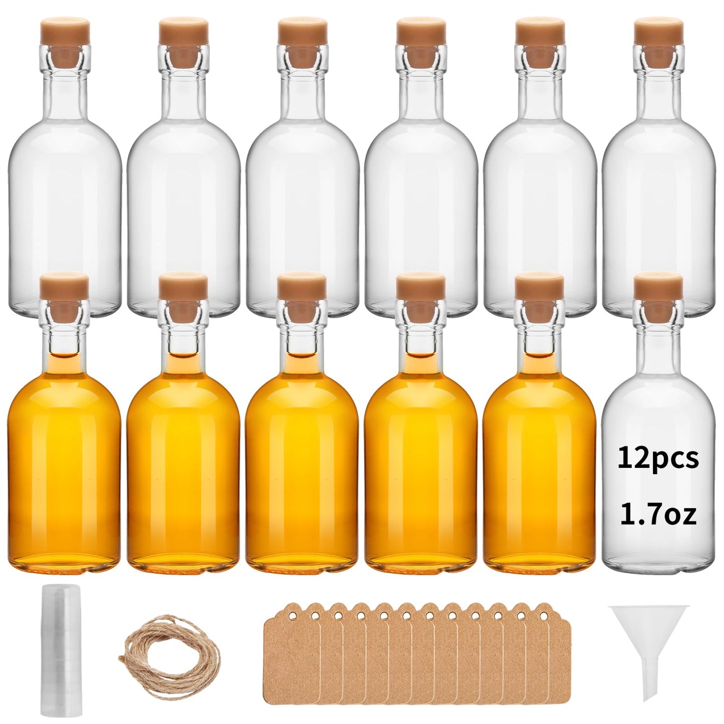 eispap 12Pcs 1.7OZ Mini Glass Liquor with Lids Small Glass Wine Bottles Reusable Empty Alcohol Bottles for Christmas Birthday Weddings Party Favors 50ML (12)