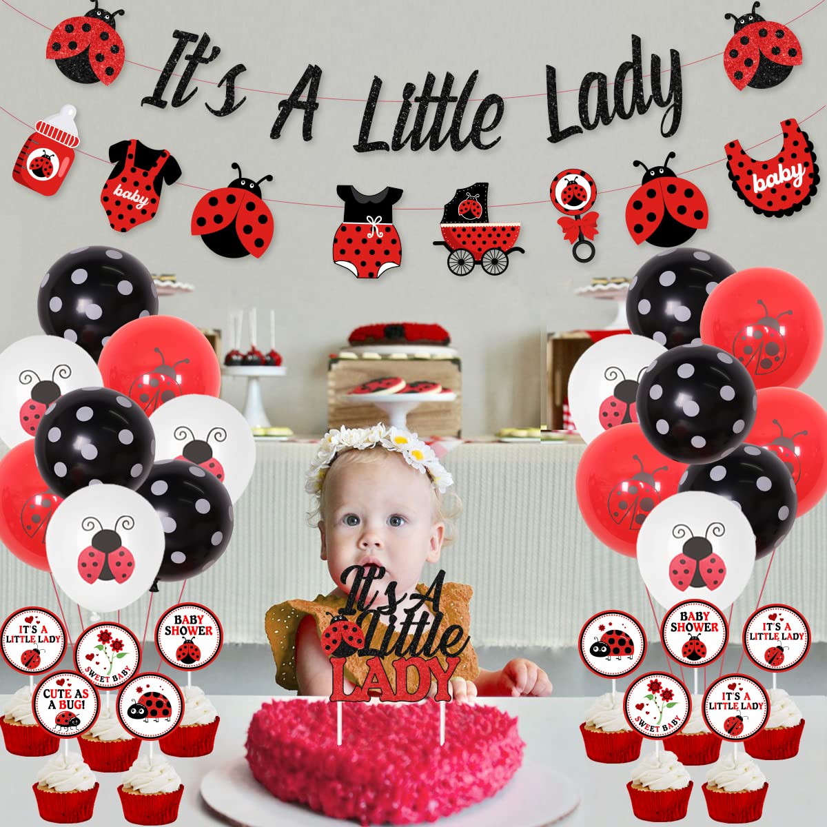 Cheereveal Ladybug Baby Shower Decorations It’s A Little Lady Banner Cake Topper Balloons for Ladybird Birthday Party Supplies