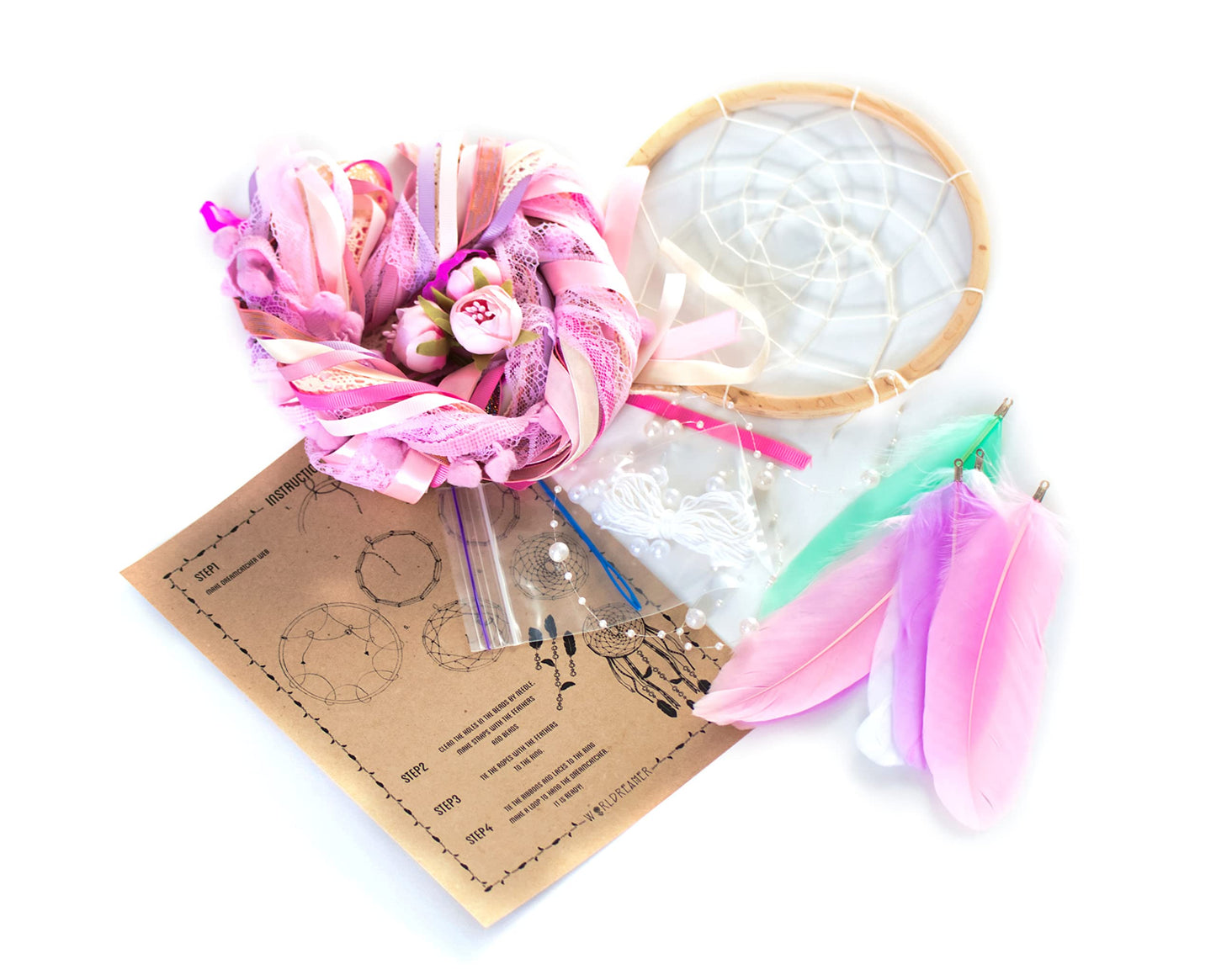 DIY dream catcher kit-Make your own dreamcatcher-Craft set for kids-Do It Yourself Pink dreamcatcher-Birthday party Activity Diam 6.2 inch(15.5cm) Floral Classic Dream catcher