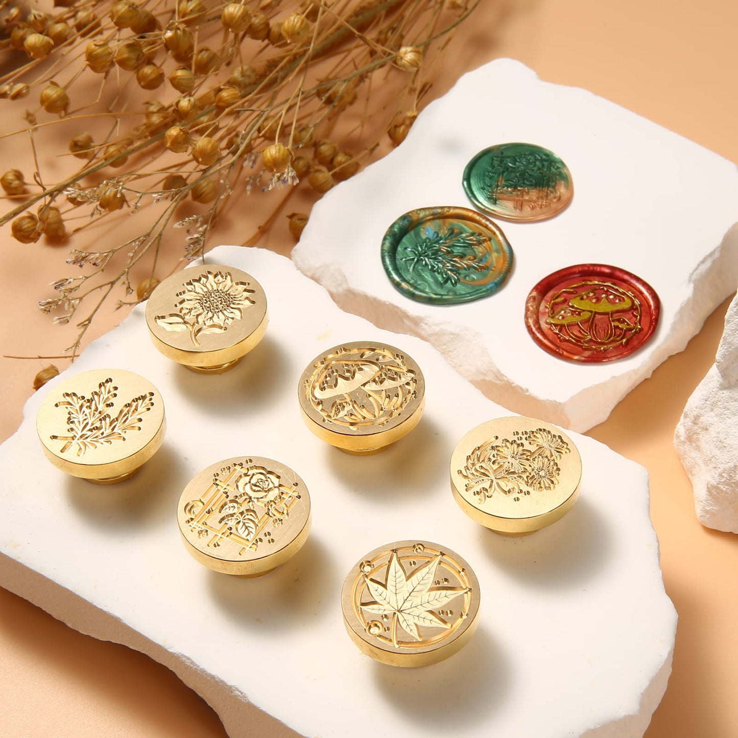 Comealltime 6pcs Wax Seal Stamp Set with Gift Box, Sealing Copper Stamps + 1 Wooden Handle, Sealing Stamp Kit (Rose,Wheat,Sunflower,Daisy,Mushroom,Maple) for Birthday Wedding Cards Envelopes (Plant)