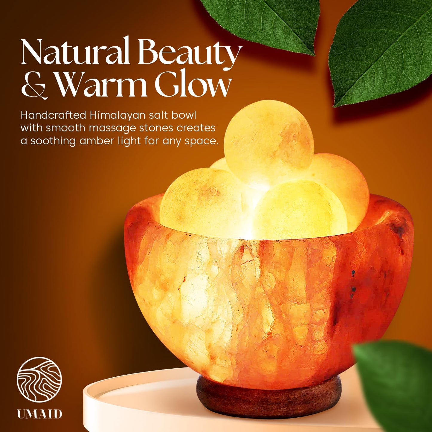 UMAID Himalayan Salt Lamp Bowl with 6 Himalayan Massage Balls, Dimmable Pink Rock Salt Lamp Light for Bedroom, Office Desk & Meditation Room, Unique Spa Home Decor Relaxation Gifts for Men & Women