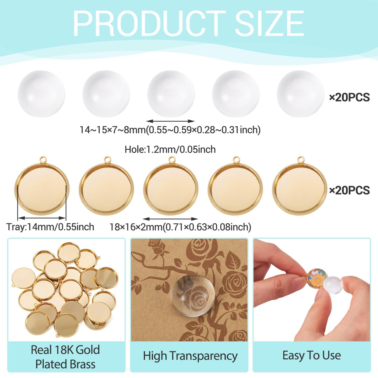 Beadthoven 40Pcs DIY Pendant Trays Kit, 14mm Round Bezel Pendant Trays Blanks Real 18K Gold Plated Brass Cabochon Settings with Clear Glass Cabochons for DIY Crafting Photo Jewelry Making