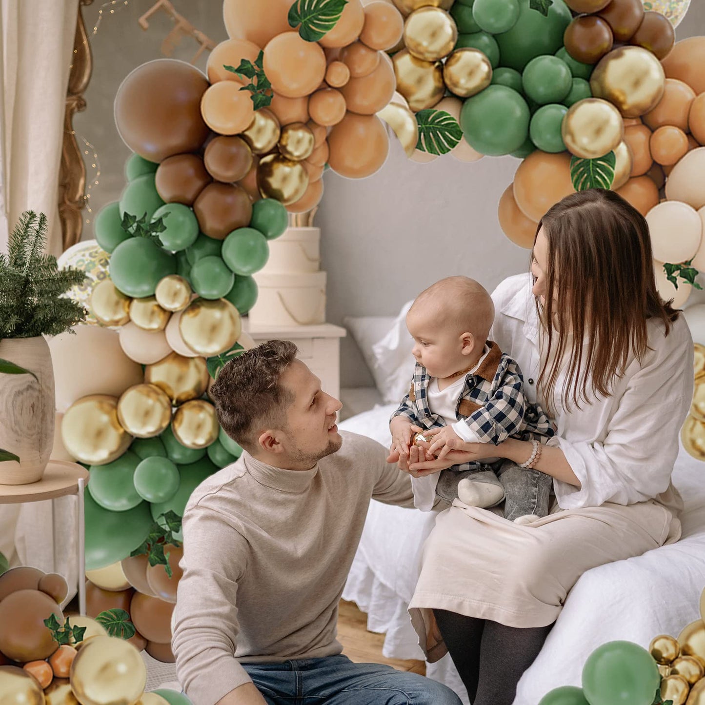 iLaFm 142PCS Sage Green Brown Balloon Garland Kit Jungle Safari Wild Woodland Balloon Arch Olive Green Gold Coffee Cocoa Balloons for Wedding Birthday Shower Party Decorations