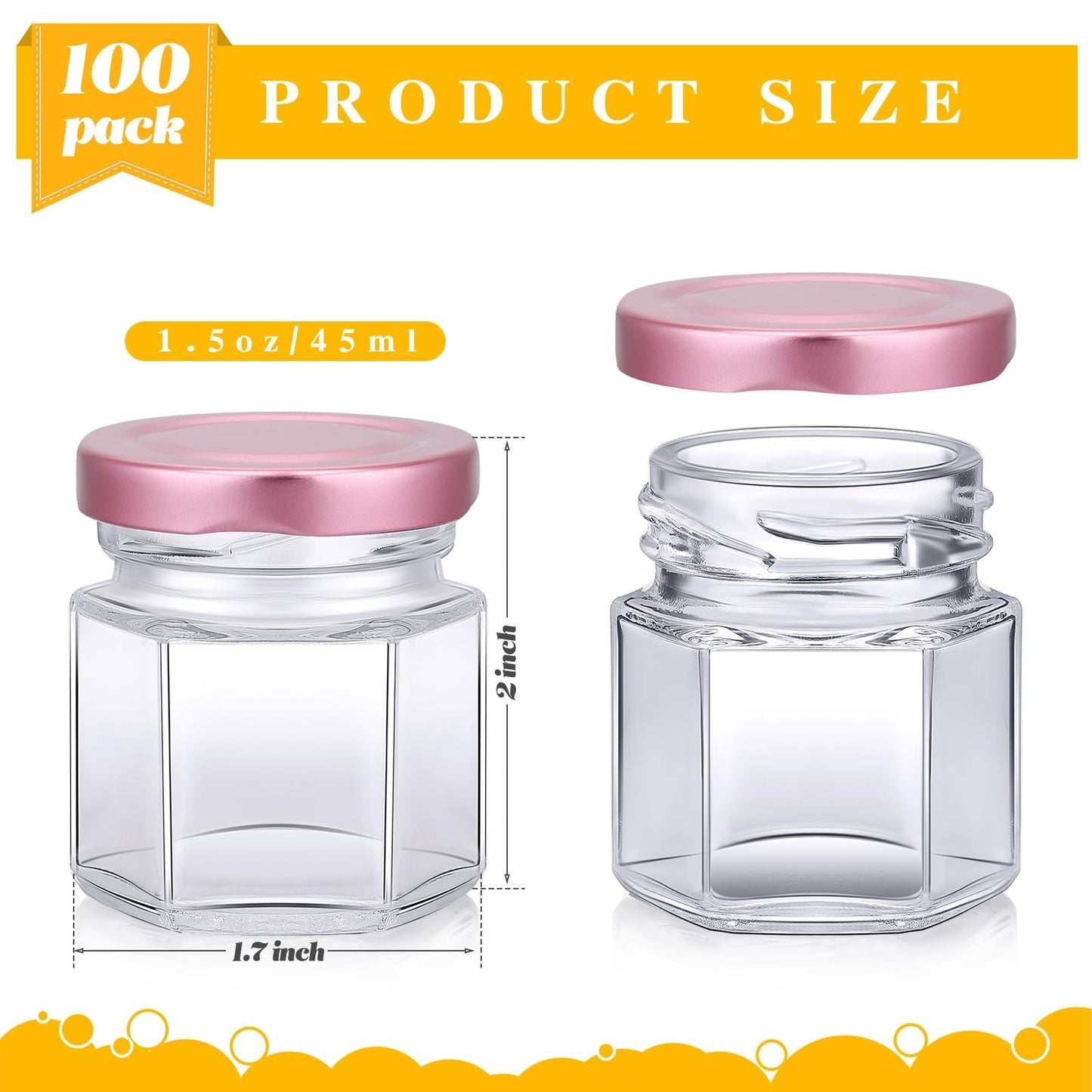 Nuogo 100 Pack 1.5oz Mini Hexagon Glass Jars Bulk for Wedding Small Honey Jars with Lids for Spice Canning Mason Gifts Candy Honey Wedding Party Favors DIY Crafts (Pink)