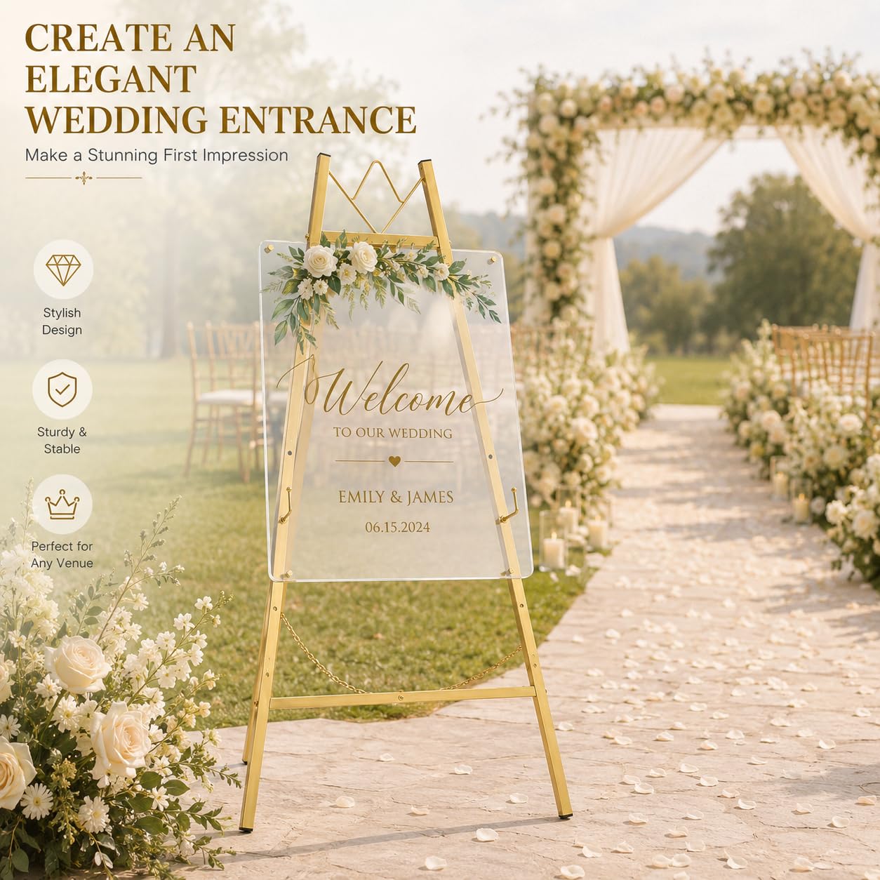 57.5" Gold Easel Stand for Wedding Sign, Heavy Duty Metal Display Stand, 4-Tier Height Adjustable Easel for Art, Paintings, Welcome Signs, Posters, and Décor, Simply Assembly Required