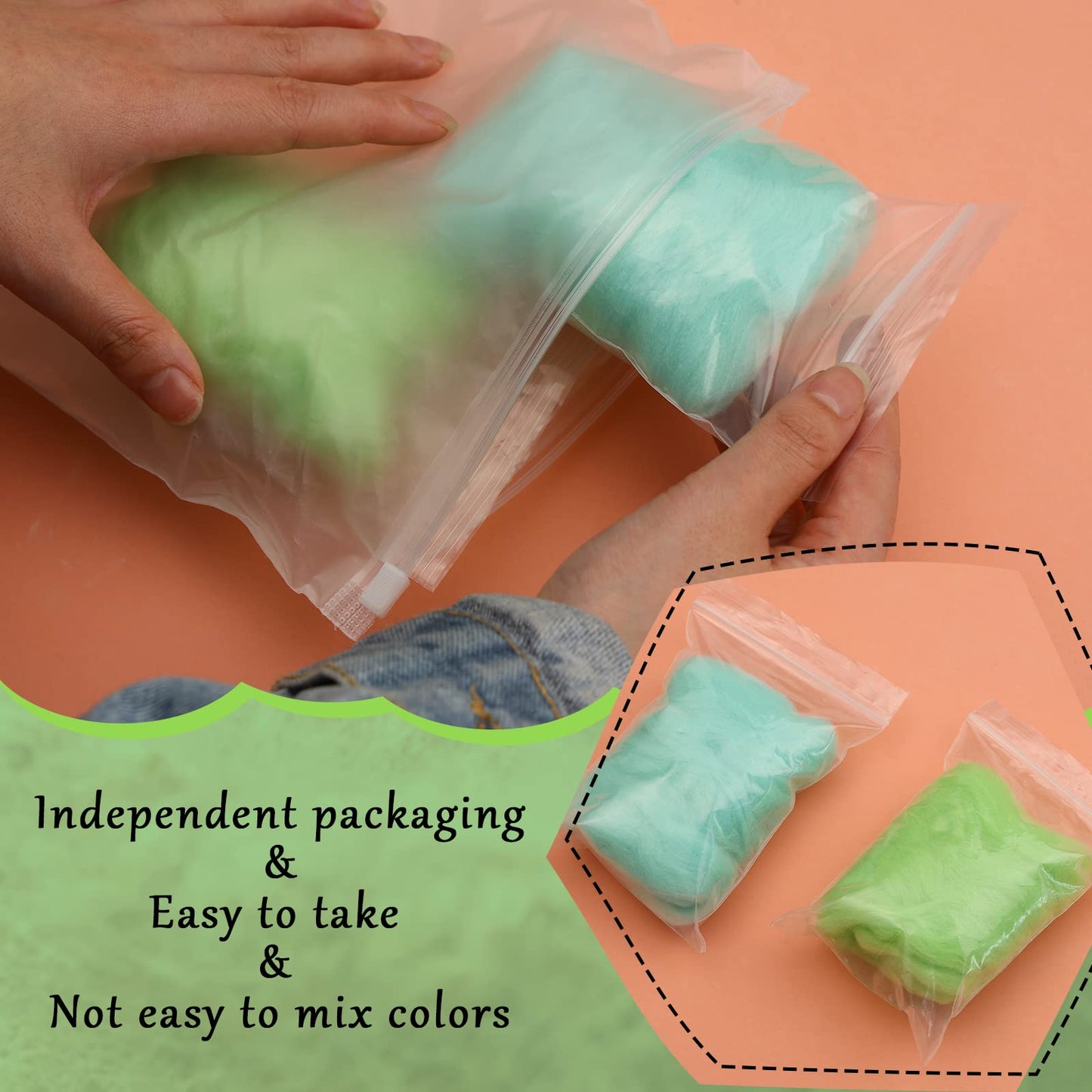 Wonvoc Needle Felting Wool, 12 Colors Wool Roving, 10g per Color 4.23 oz Total, Fibre Wool Yarn Roving, for Hand Spinning Needle Felting DIY Wool Crafts, Green and Blue