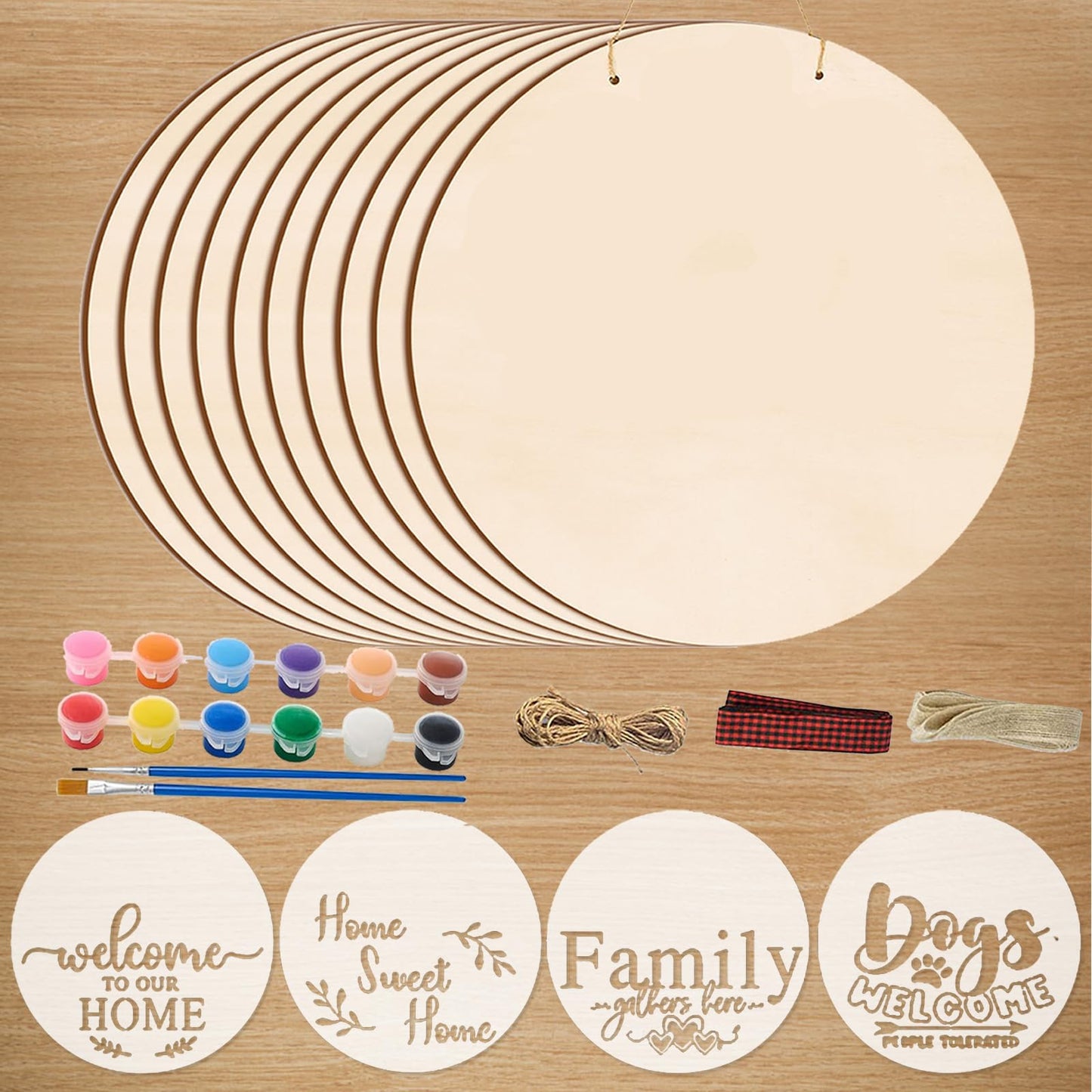 12 Inch Wood Circles for Crafts, 10Pcs Unfinished Wood Rounds with 4 Stencils & Painting, DIY Wooden Crafts for Door Hanger, Sign, Wood Burning, Painting, Gifts for Father's Day Home Decor