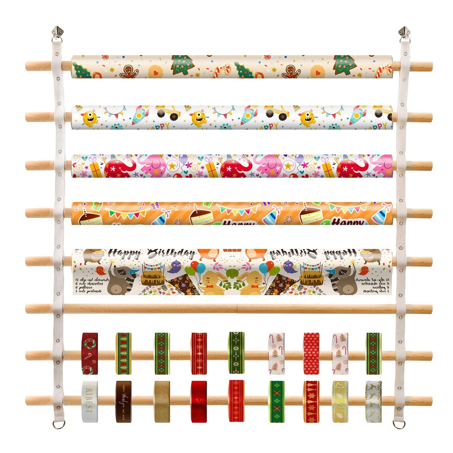COZFUR Wooden Ribbon Holder Organizer Rack, 8 Tier Wall Mounted Gift Wrapping Holder, Ribbon Spool Dispenser for Craft Room, Flower Shop