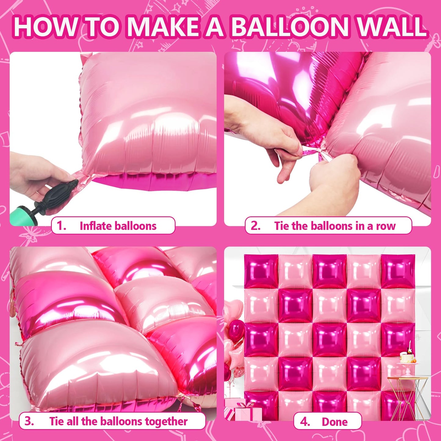 NISOCY 25PCS Hot Magenta Pink Square Foil Balloons Wall Backdrop Double Sided Metallic Pink Balloons Arch Kit for Galentines Valentines Day Bachelorette Birthday Engagement Bridal Party Decorations