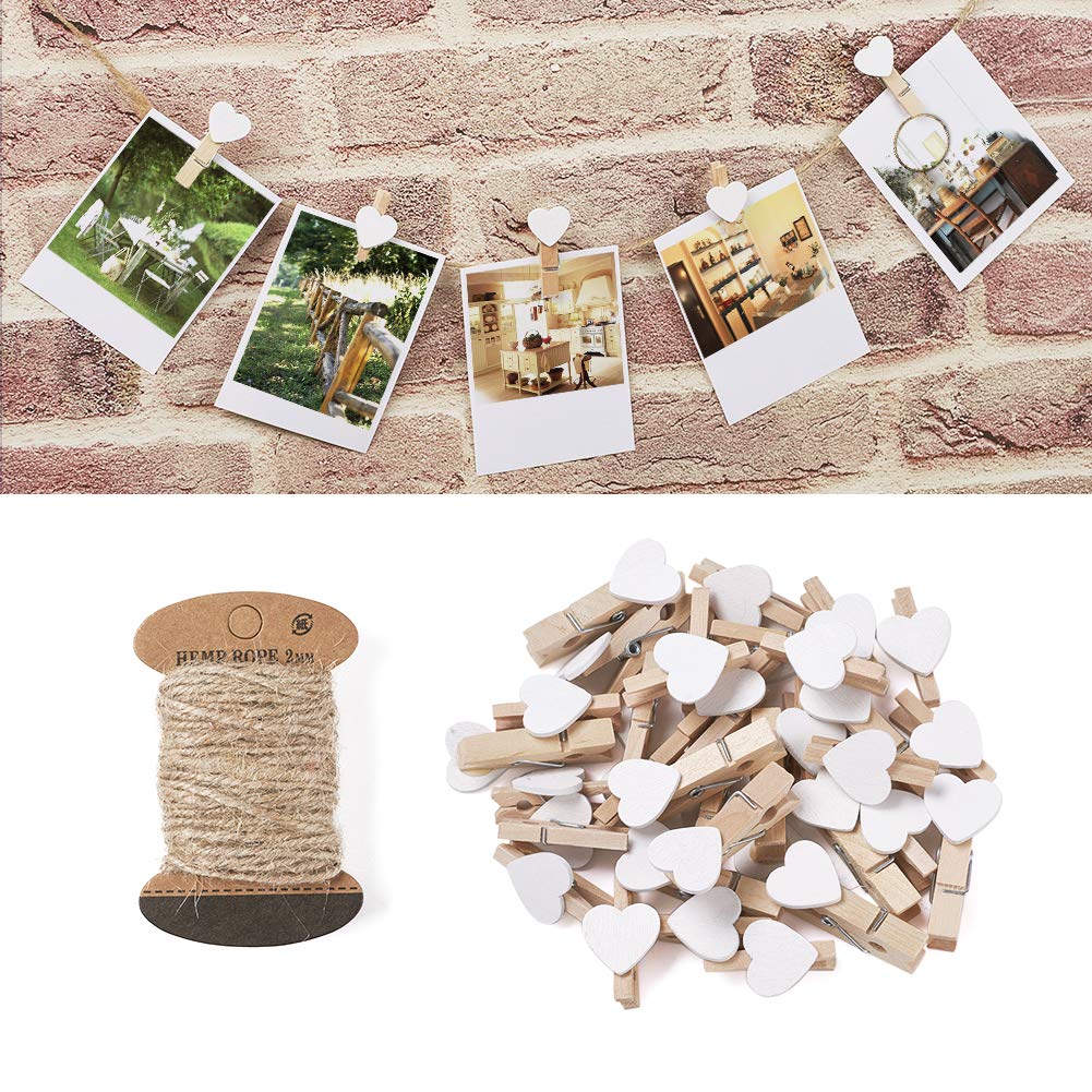 Pandahall 100pcs White Heart Clothespins Wooden Photo Paper Peg Pin Craft Clips with 10.9 Yards Natural Jute Twine for Paper Photo Display Hanging Home Party Wedding Decoration