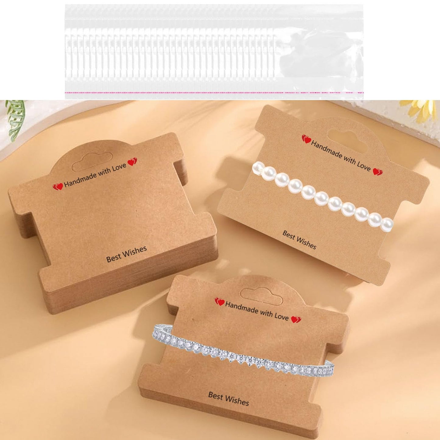 100Set Jewelry Display Cards, Bracelet Display Cards with Clear Bags for Small Business of Hair Ties, Bracelet, Necklace, Hair Scrunchies (Brown)