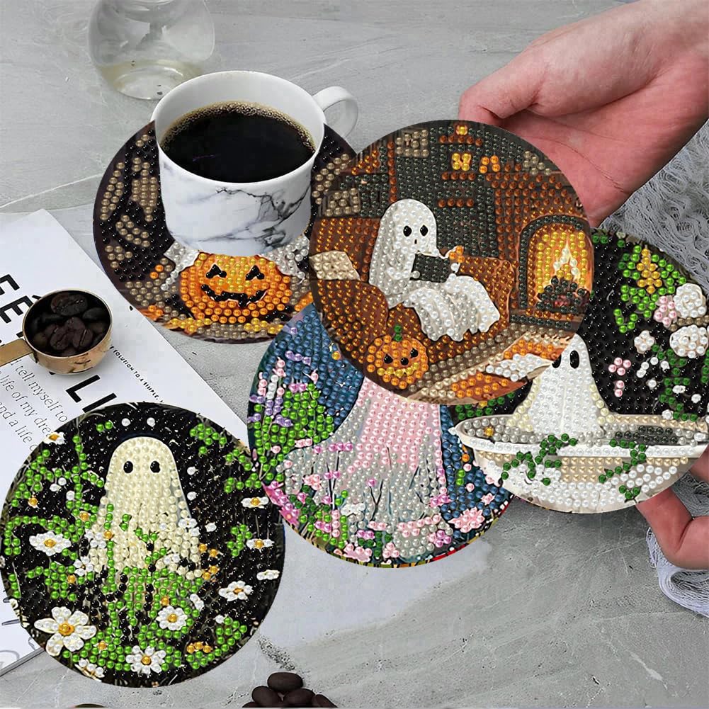 8 Pack Halloween Diamond Art Coasters Kits, Halloween Diamond Painting Coasters Kit with Holder, DIY Ghost Diamonds Art Non Slip Coaster Crafts Kits for Adults Gifts 4x4 inch (Cork Wooden Pad)