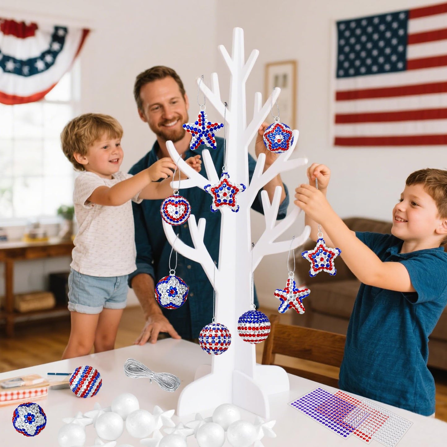18 Set 4th of July Crafts Activities Kits Patriotic DIY Glitter Foam Star Ball Ornaments Independence Day Decorations Red White Blue Gem Stickers Memorial Day Art Set for Party Supplies Favor