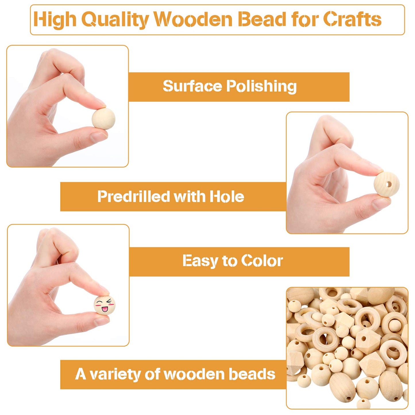 200 Pcs Natural Wood Beads Bulk 4 Styles Round Wood Hexagon Polygon Wooden Bird Spacer Unfinished Geometric Beads for DIY Crafts Garland Jewelry