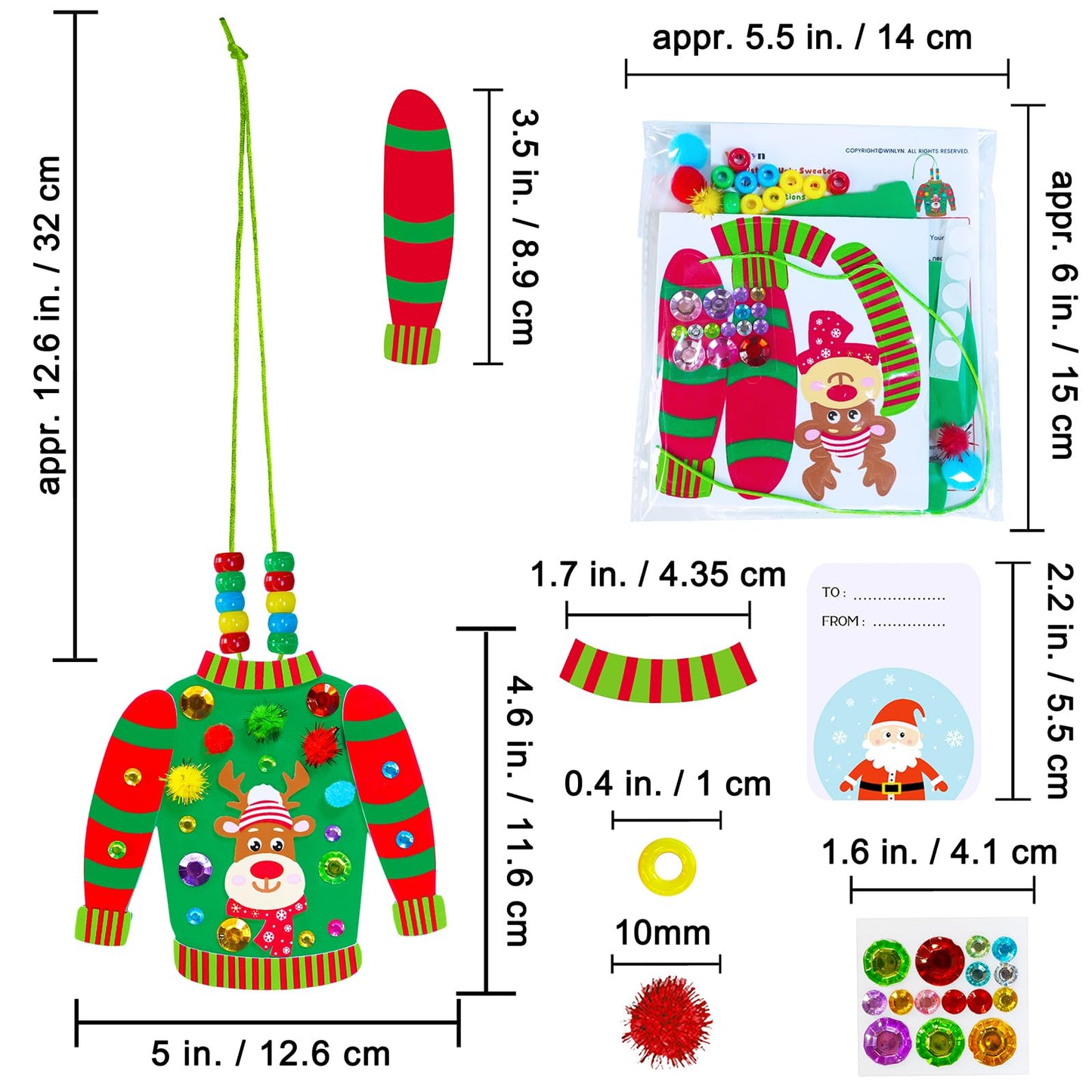 Winlyn 24 Sets Christmas Decorations DIY Ugly Sweater Necklaces Ornaments Winter Crafts Kits Foam Sweater Festive Foam Stickers for Kids Holiday Seasonal Gift Home Classroom Activities Party Favors