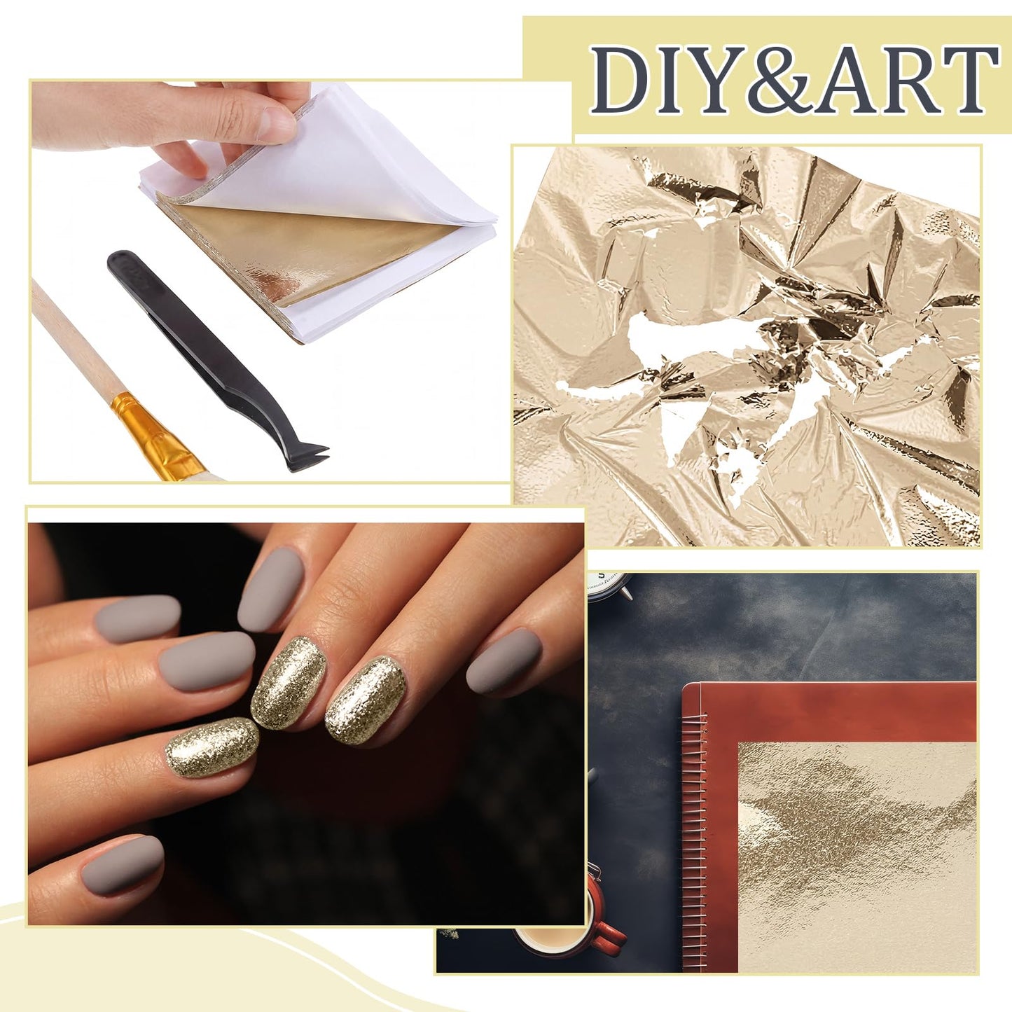 Maitys 400 Pcs Imitation Gold Leaf Sheet, for Art Silver Foil Sheet Set with Brush and Nipper for Painting Gilding Picture Frame Sculpture DIY Craft Decoration Furniture, 3.5 x 3.5 Inches(Champagne)