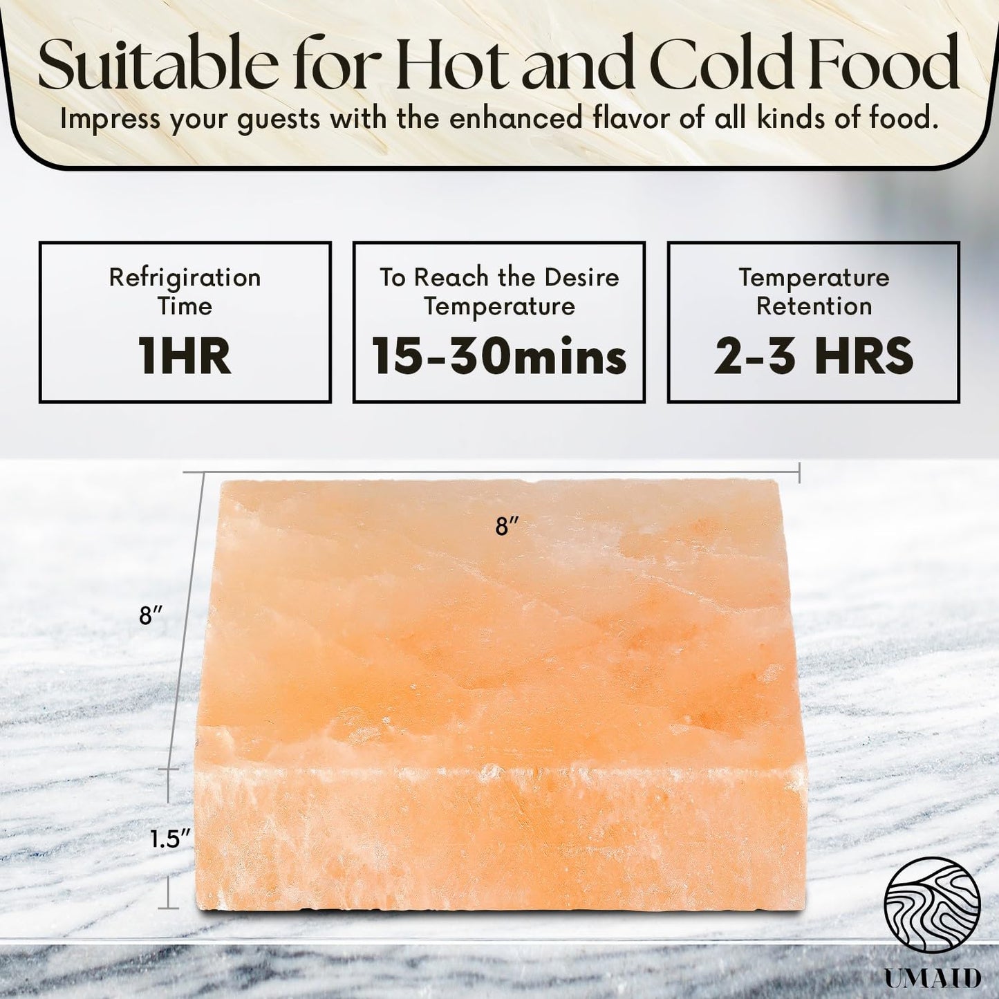 UMAID Himalayan Salt Block For Grilling, Cooking, Cutting and Serving,8X8X1.5 Food Grade Himalayan Pink Salt Stone on Stainless Steel Plate & Recipe Pamphlet, Unique Gifts for Men, Women, Chef, Cooks